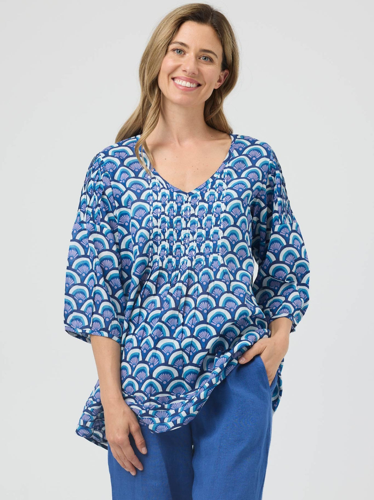 Image of a model wearing Tops. Product name - Cake Sally Top in Blue Arches colour by brand - Cake
