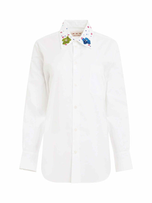 Image of a model wearing Tops. Productname: MARNI Sequined Collar Cotton Shirt in WHITE colour by brand - MARNI