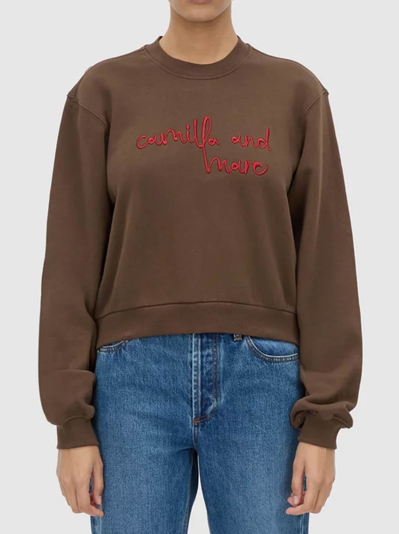 Image of a model wearing Tops. Product name - CAMILLA AND MARC MAREN CROP TRACKSUIT TOP in Chocolate colour by brand - Camilla And Marc