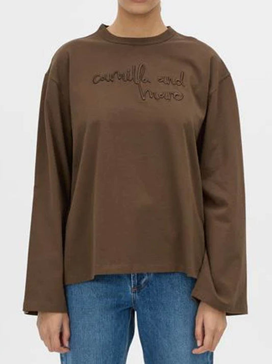 Image of a model wearing Tops. Product name - CAMILLA AND MARC MAREN EMBROIDERED LONG SLEEVE TEE in Chocolate colour by brand - Camilla And Marc