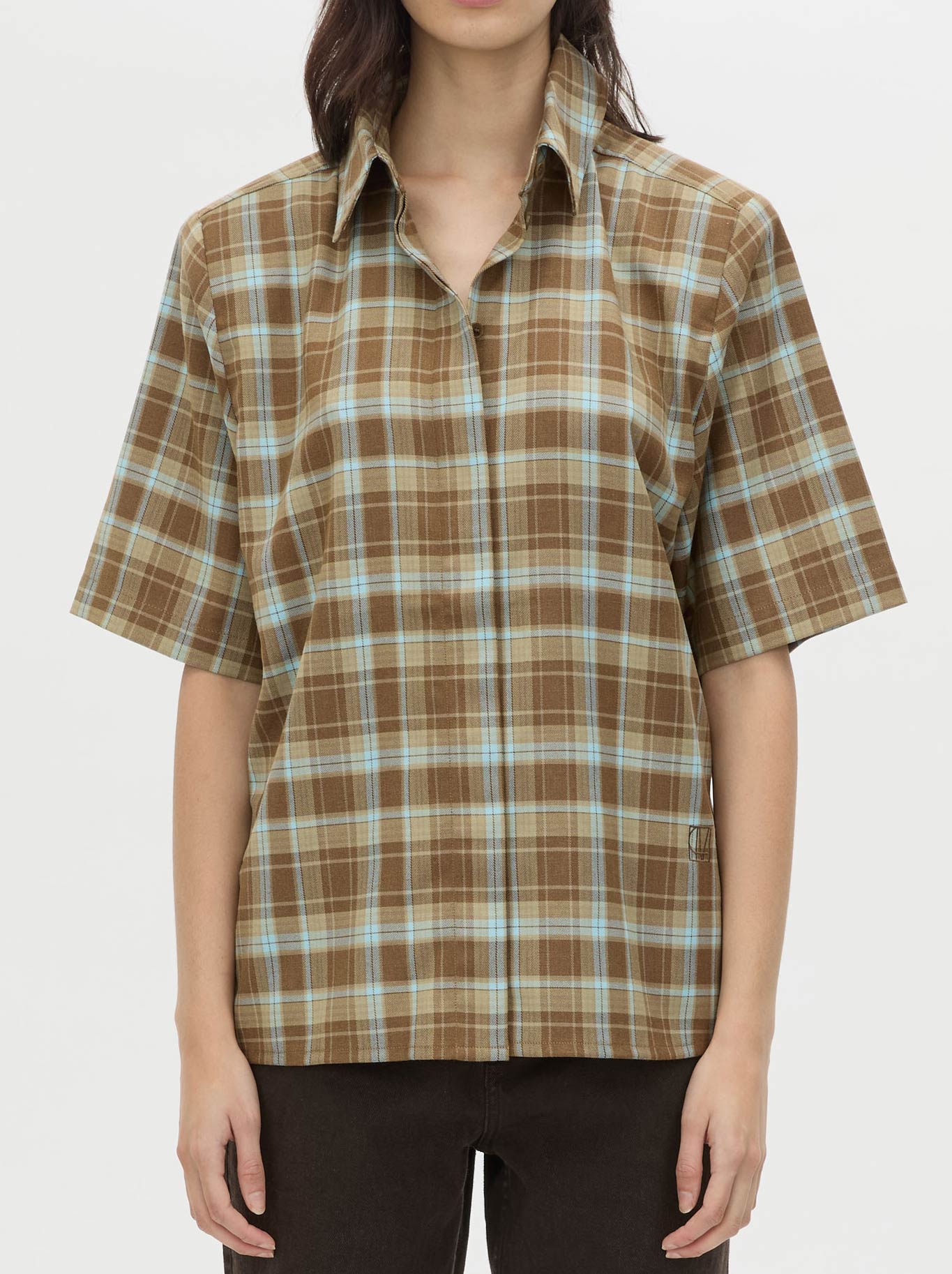 Image of a model wearing Tops. Productname: CAMILLA AND MARC ARIAN SHORT SLEEVE CHECK SHIRT in Chocolate colour by brand - Camilla And Marc