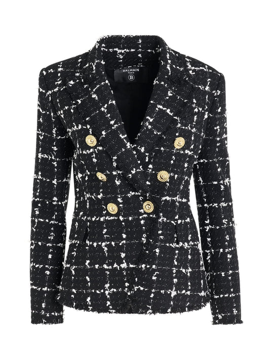 Image of a model wearing Outerwear. Productname: BALMAIN 6 Button Double Breasted Tweed Jacket in Multicolor colour by brand - BALMAIN
