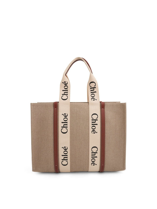 CHLOE Large Eco Woody Tote Bag with Strap (White Brown)