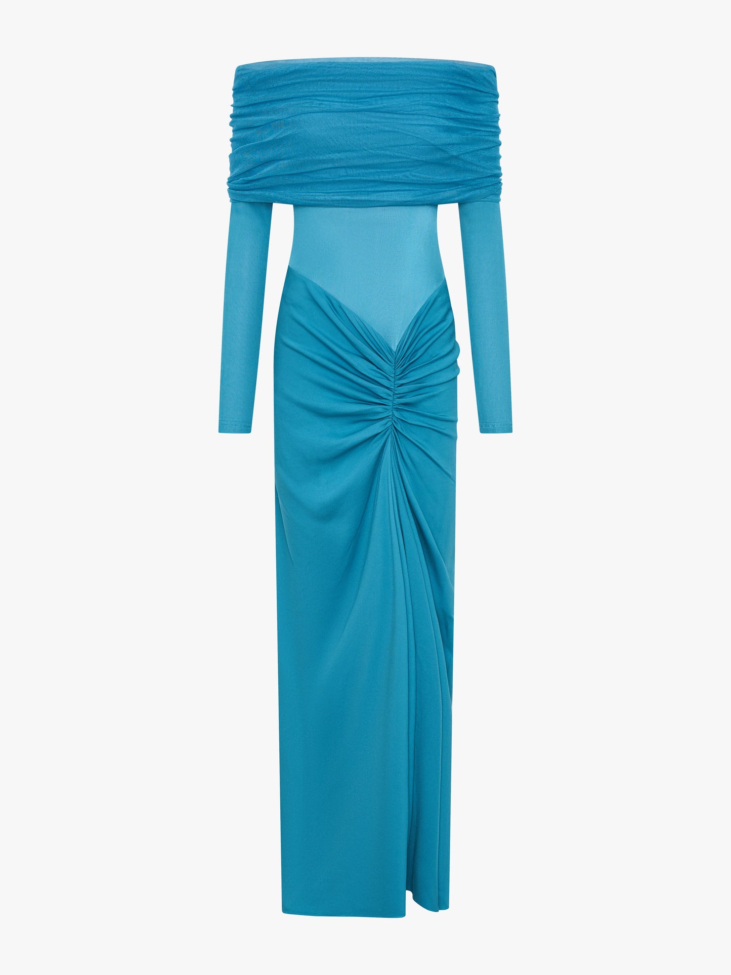 Christopher Esber Sonora Veiled Long Sleeve Ruched Dress (Lake)