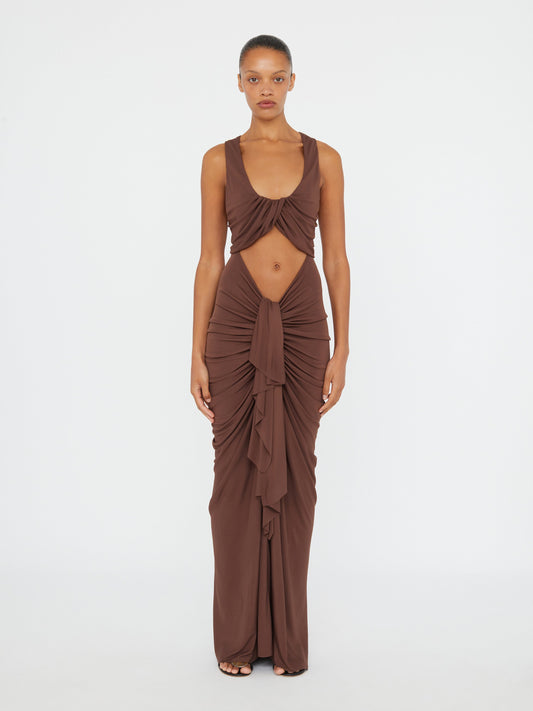 Image of Dresses. Productname: Christopher Esber Vivenda Drape Front Dress in Cacao colour by brand - Christopher Esber