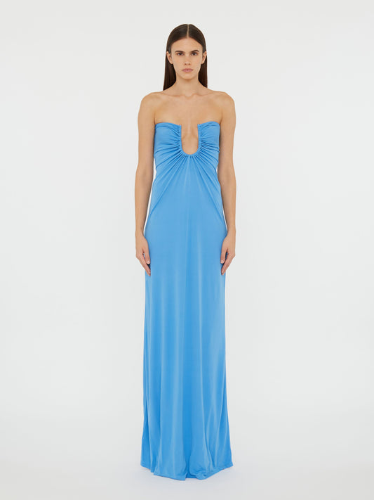 Image of Dresses. Product name - Arced Palm Strapless Dress in Blue colour by brand - Christopher Esber