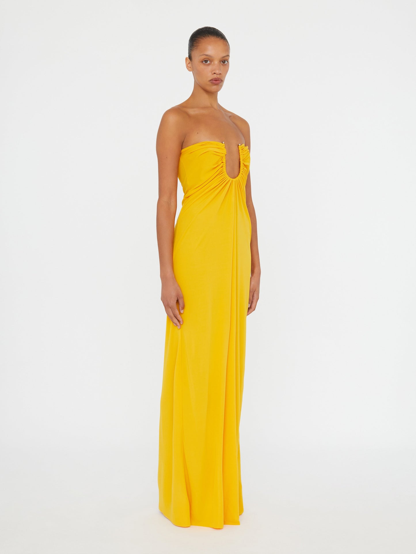 Christopher Esber Arced Palm Strapless Dress (Saffron)