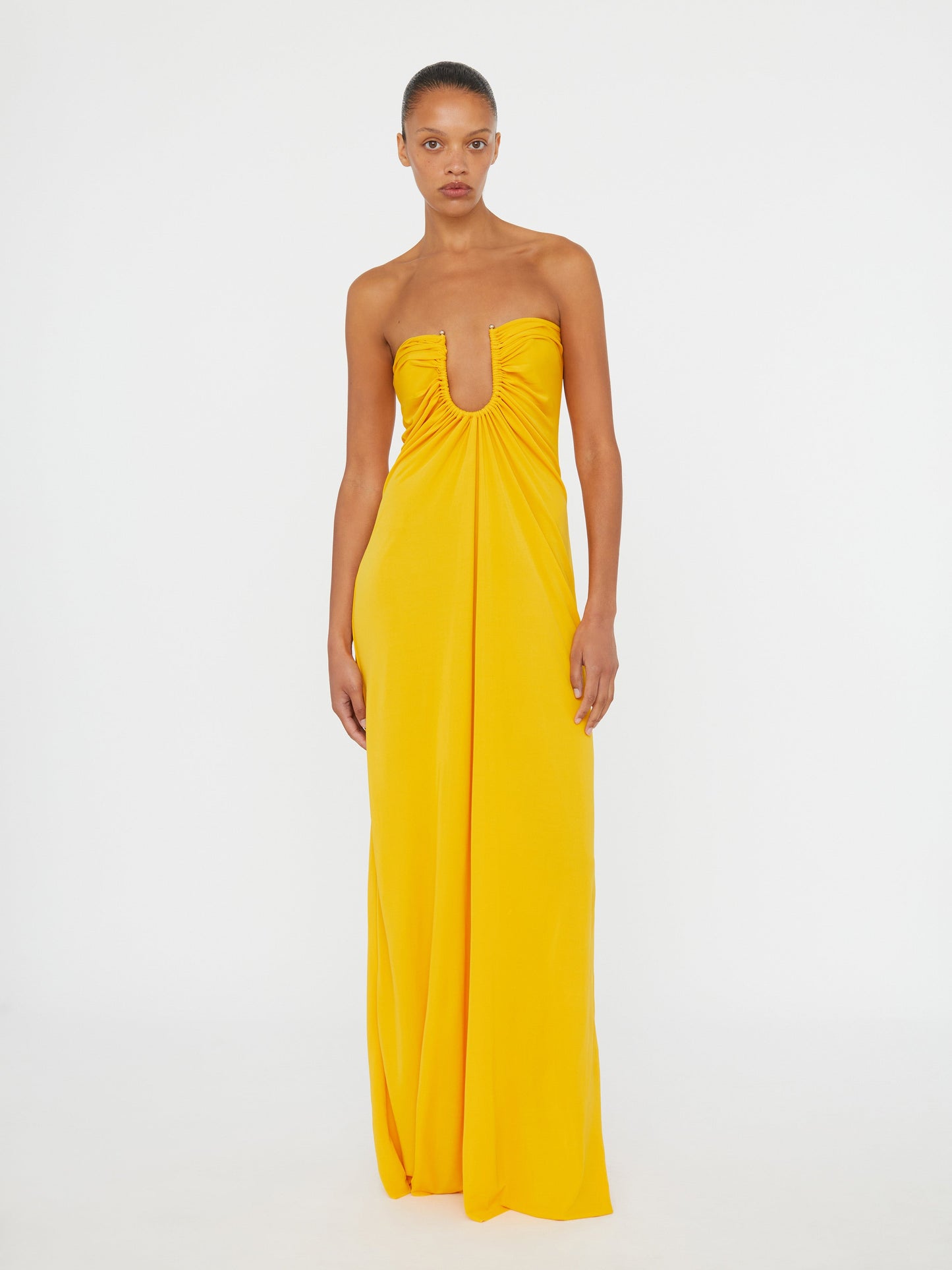 Christopher Esber Arced Palm Strapless Dress (Saffron)