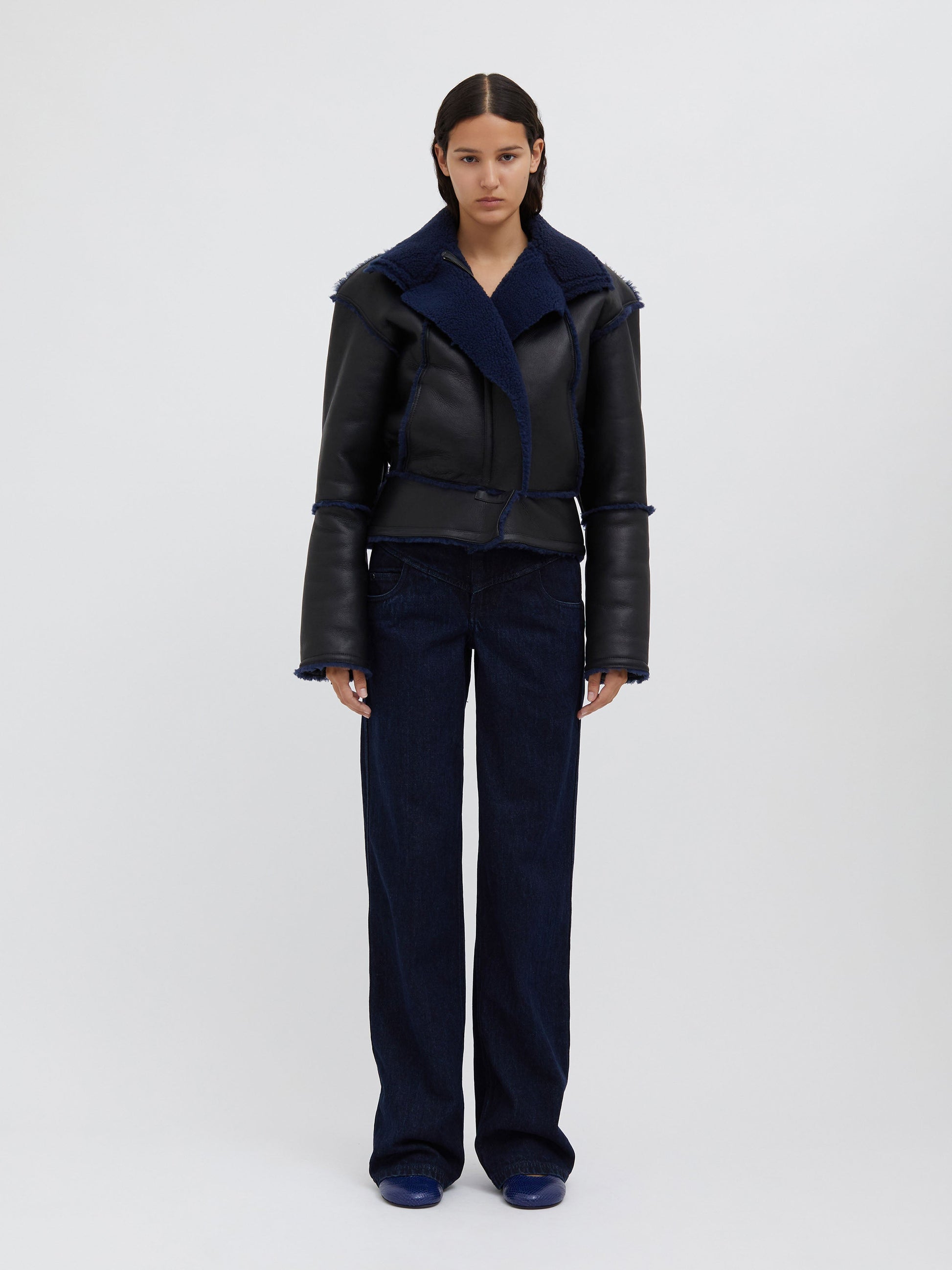 Image of Coats & Jackets. Product name - Aviator Shearling Jacket in Graphite colour by brand - Christopher Esber