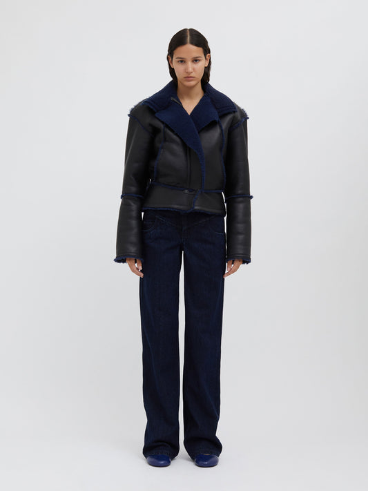 Image of Coats & Jackets. Product name - Aviator Shearling Jacket in Graphite colour by brand - Christopher Esber