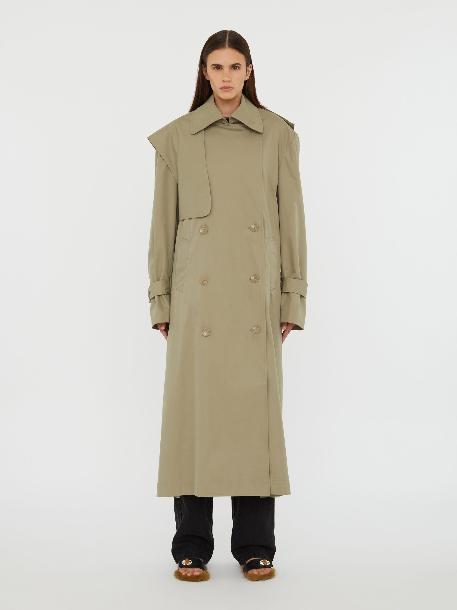 Image of Coats & Jackets. Product name - Loren Trench Coat in Linseed colour by brand - Christopher Esber