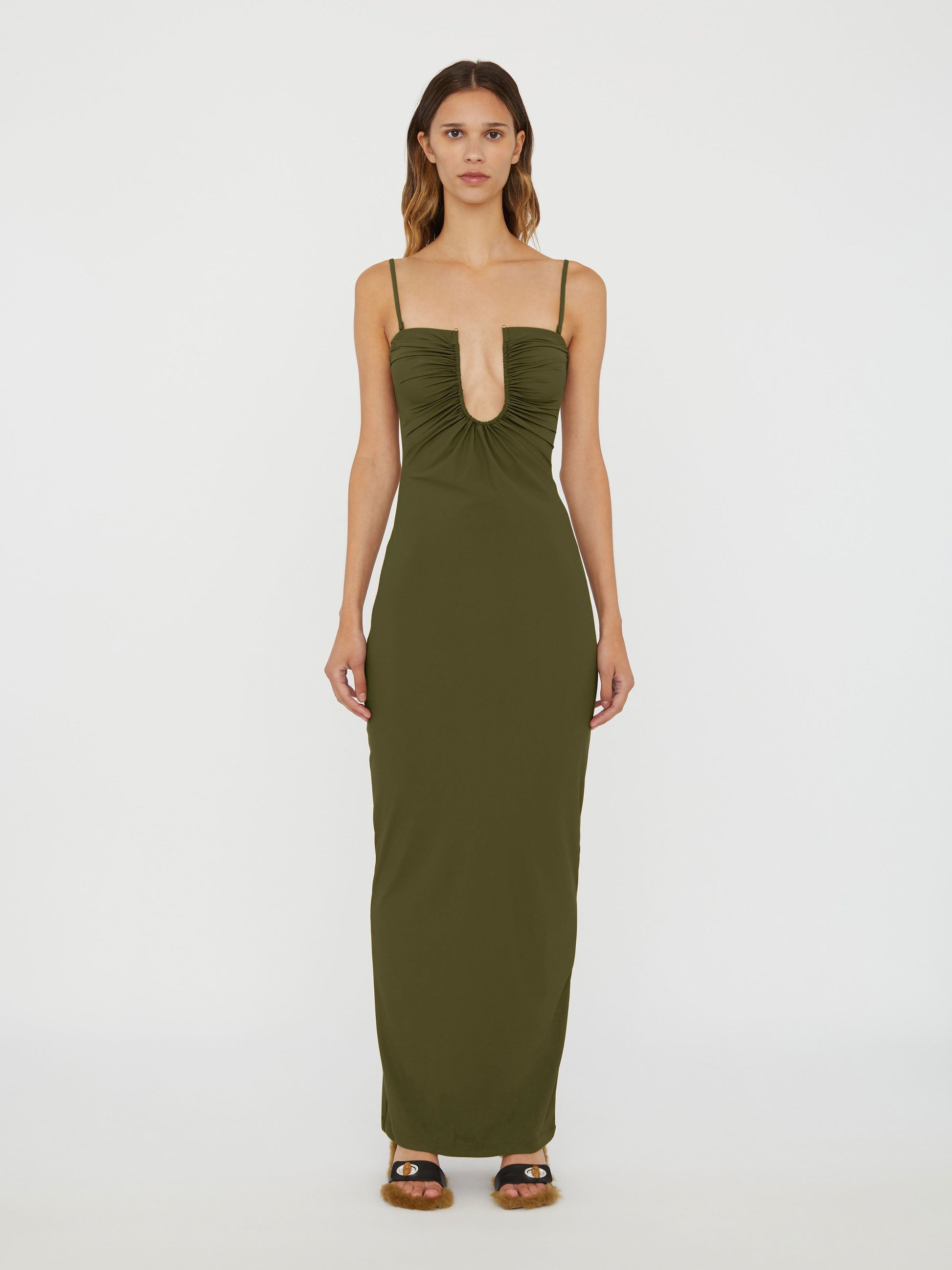 Image of Dresses. Product name - Arced Ruched Lycra Dress in Kombu colour by brand - Christopher Esber