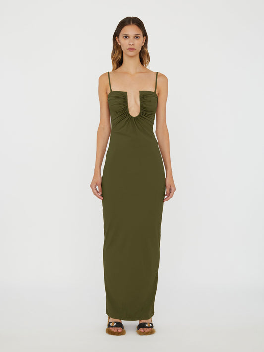 Image of Dresses. Product name - Arced Ruched Lycra Dress in Kombu colour by brand - Christopher Esber