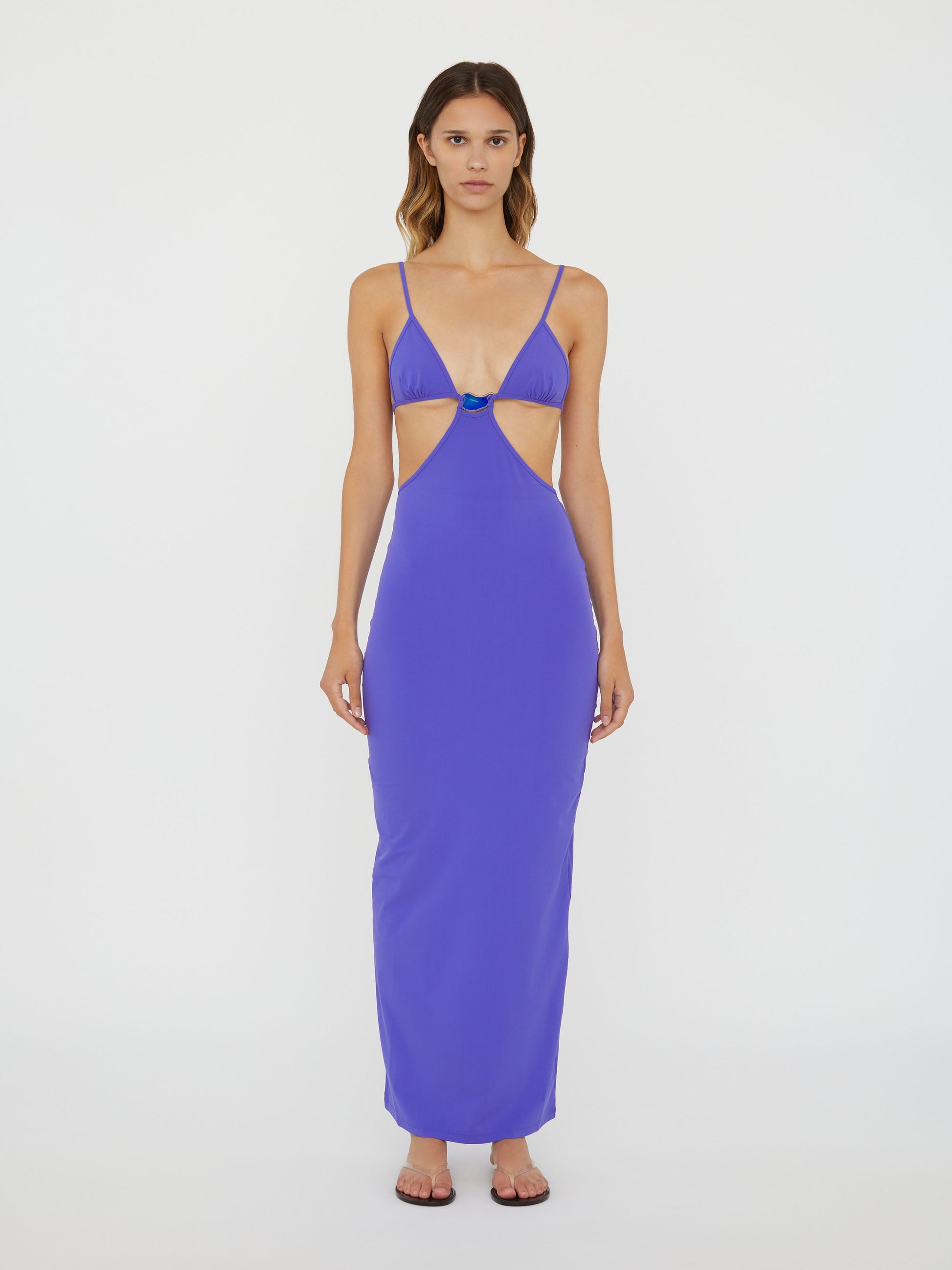 Image of Dresses. Product name - Moodstone Cutaway Lycra Dress in Grape colour by brand - Christopher Esber
