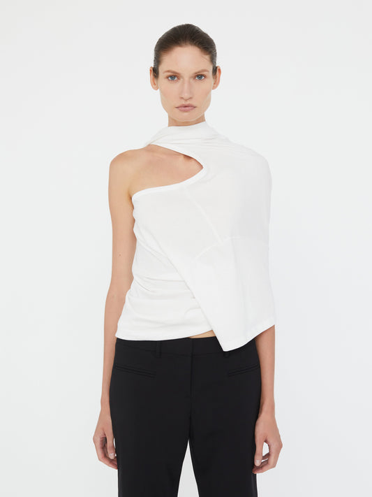 Image of a model wearing Tops. Productname: Christopher Esber Distort Cutaway Tee in White colour by brand - Christopher Esber