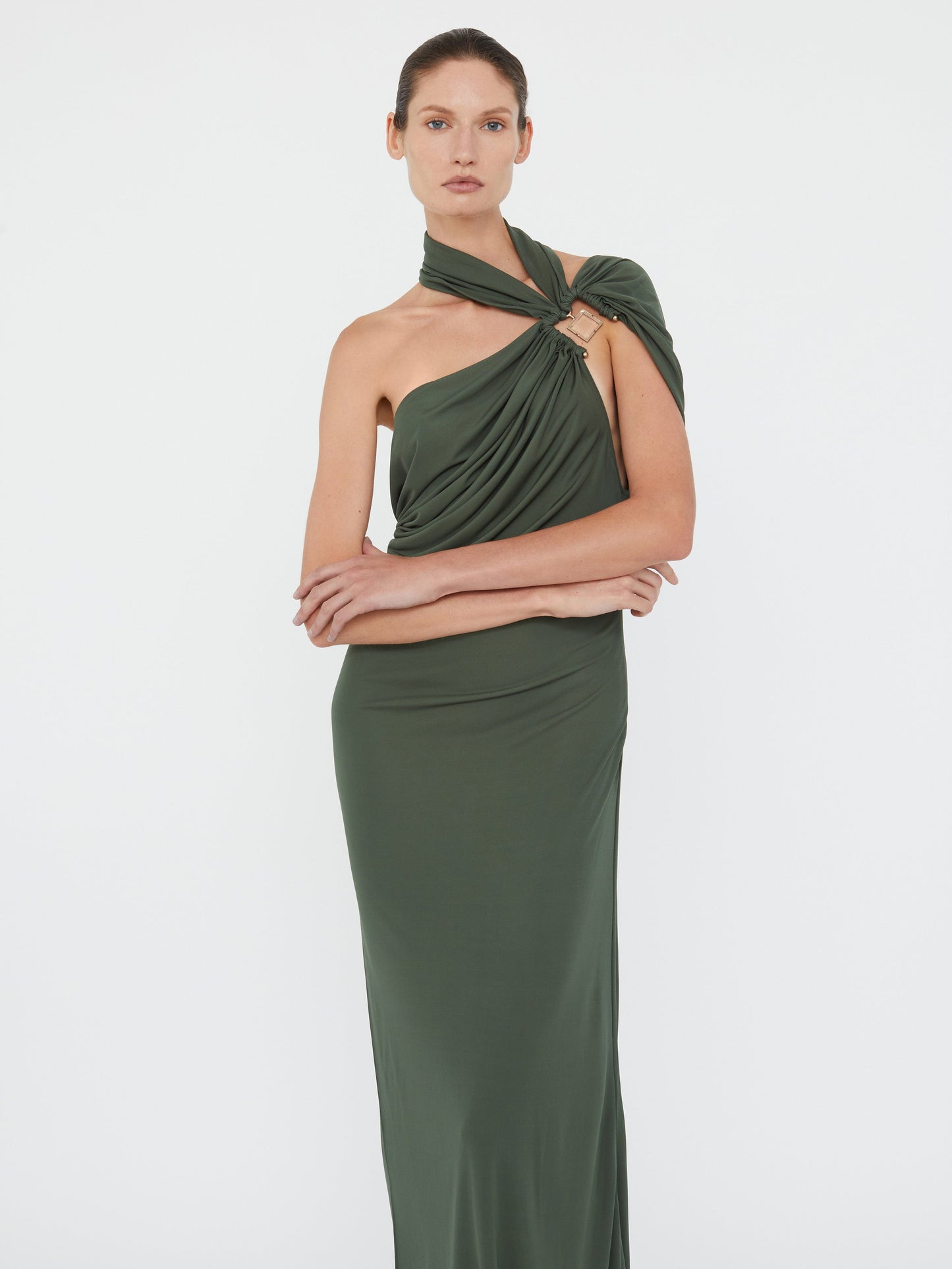 Christopher Esber Bezel Quartz Halter Dress (Green)