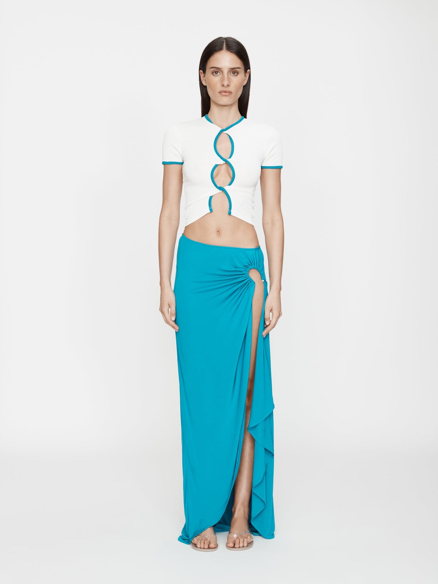 Image of a model wearing Skirts. Productname: Christopher Esber Ruched Crescent Skirt in Skirt colour by brand - Christopher Esber
