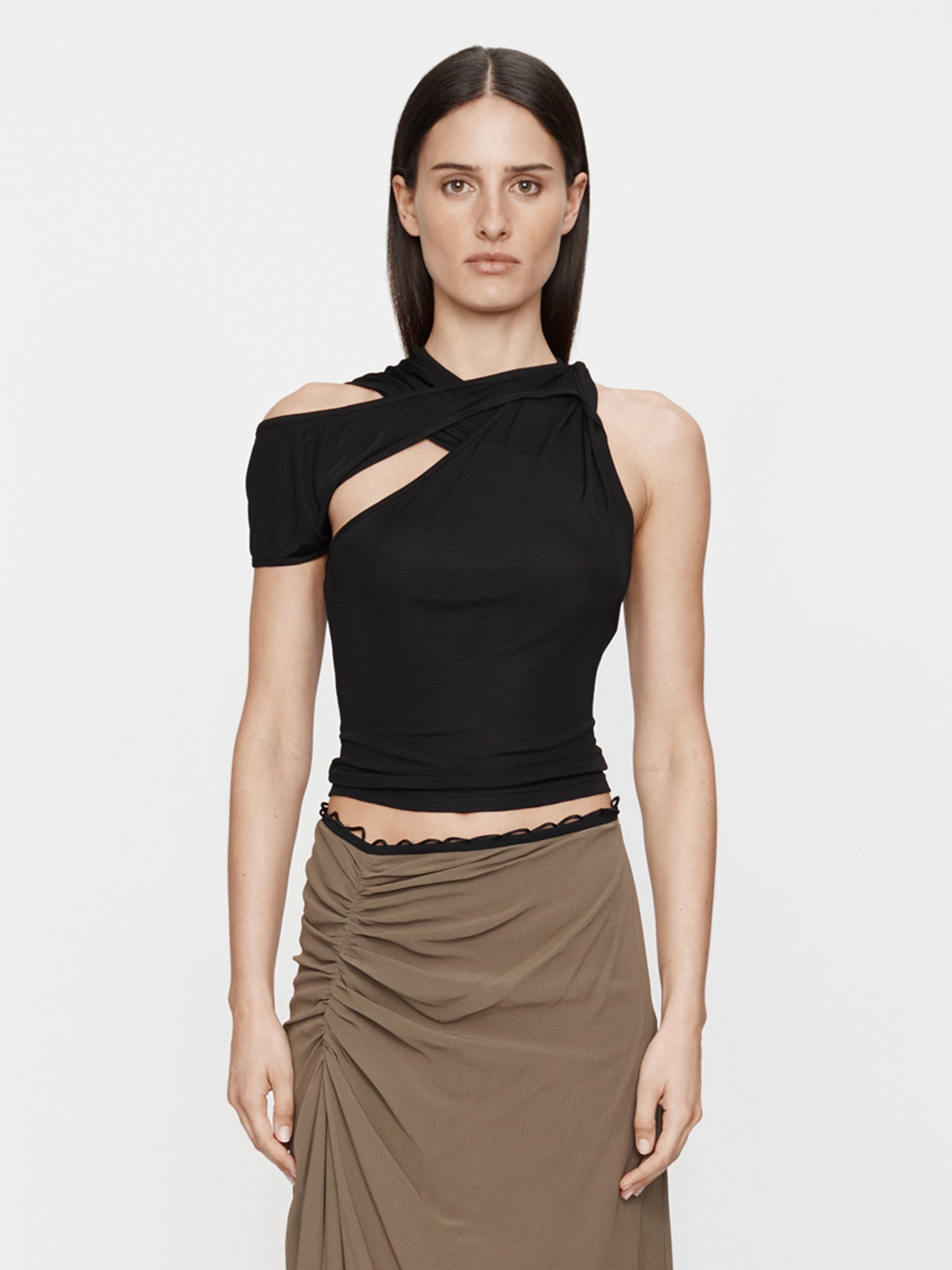 Image of a model wearing Tops. Productname: Christopher Esber Wrapped Drape Rib Tank in Black colour by brand - Christopher Esber