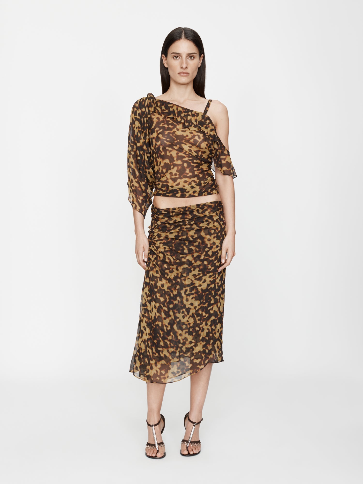 Image of a model wearing Tops. Productname: CHRISTOPHER ESBER Roule Trimmed Silk Drape Top in Tortoiseshell colour by brand - CHRISTOPHER ESBER