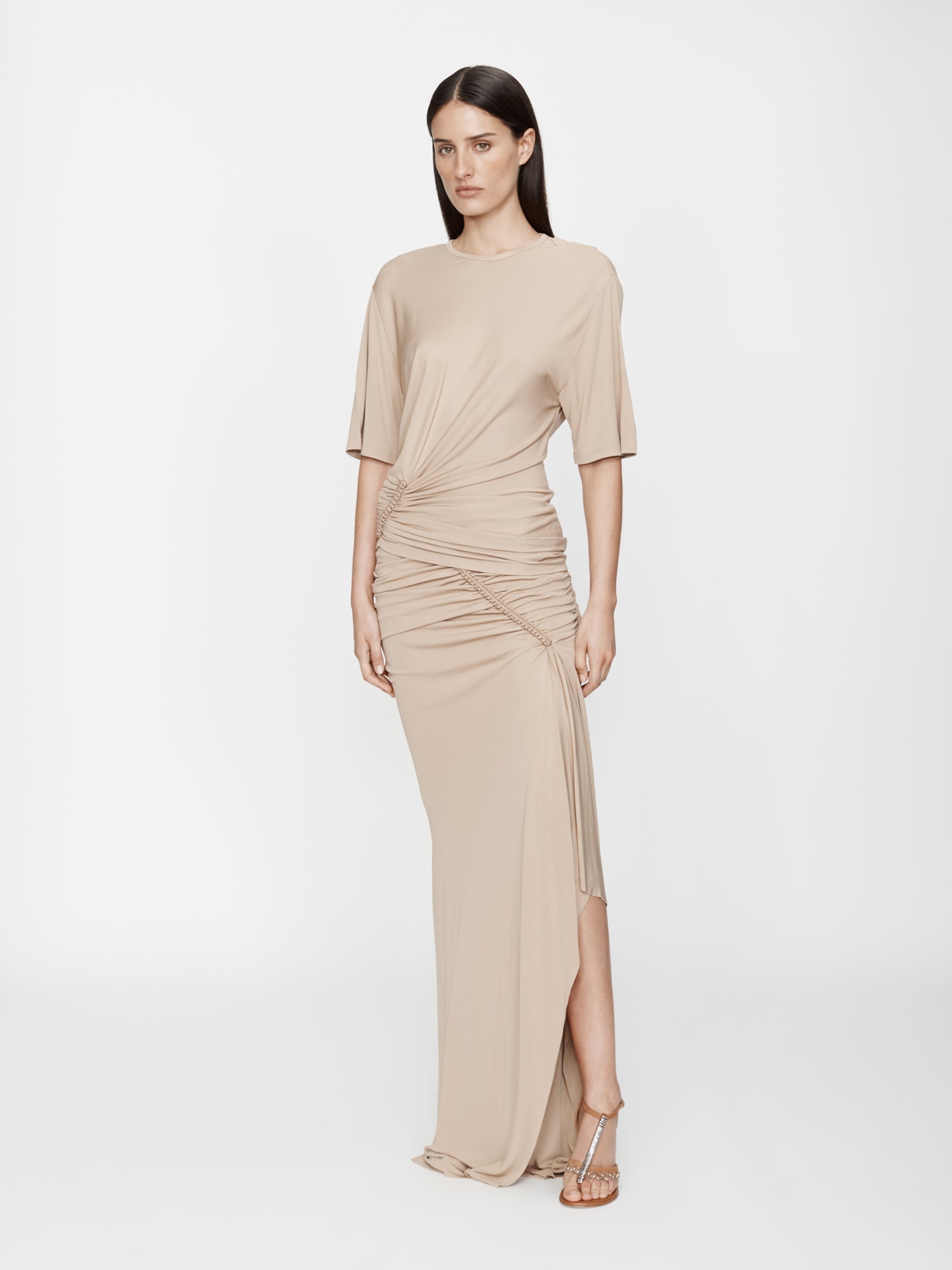 Image of a model wearing Skirts. Productname: CHRISTOPHER ESBER Shibari Jersey Ruche Skirt in Sand colour by brand - CHRISTOPHER ESBER
