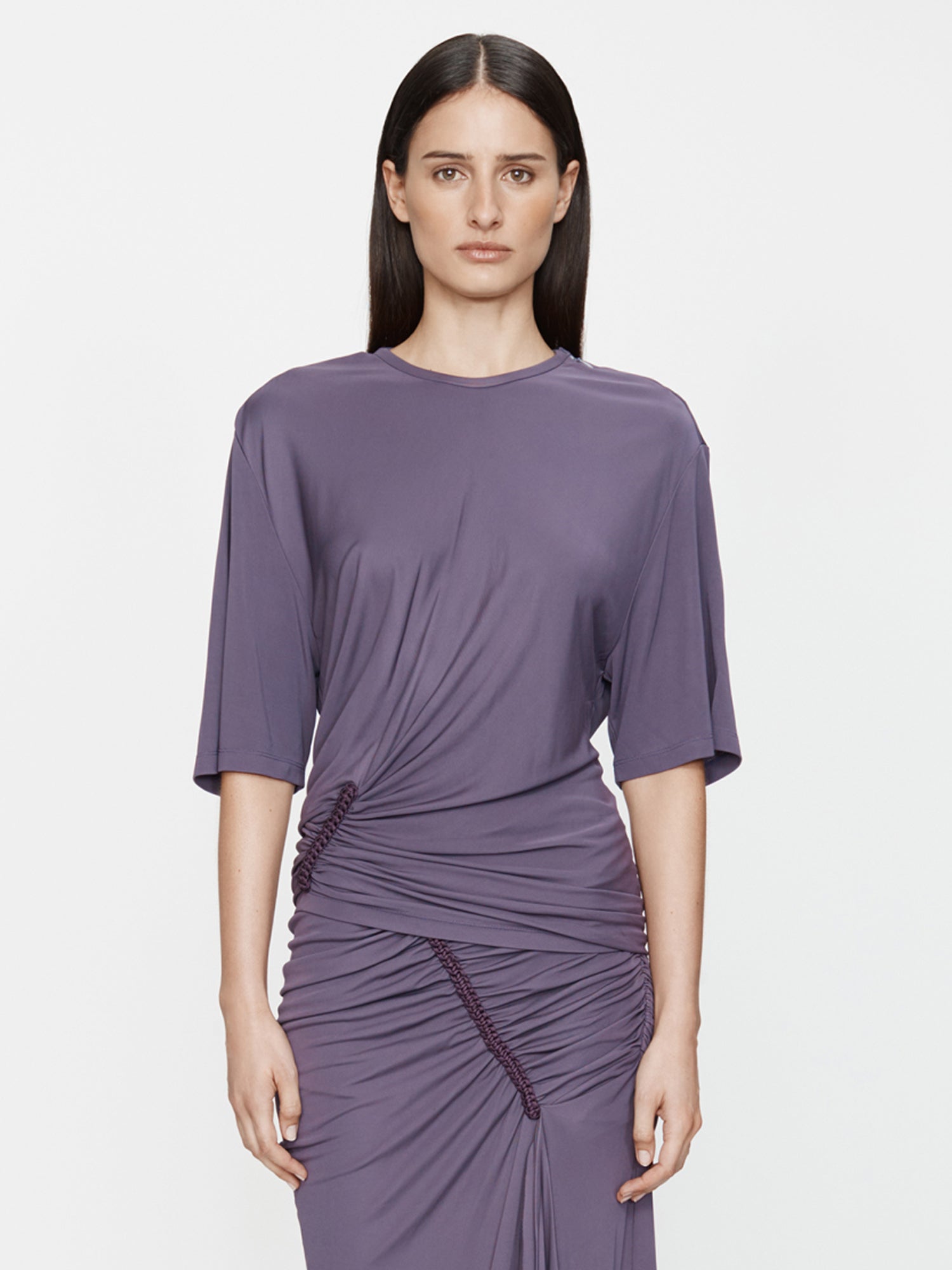 Image of a model wearing Tops. Productname: CHRISTOPHER ESBER Shibari Jersey Ruche Tee in Violet colour by brand - CHRISTOPHER ESBER