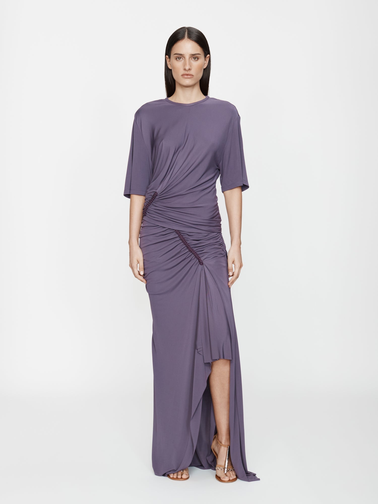 Image of a model wearing Skirts. Productname: CHRISTOPHER ESBER Shibari Jersey Ruche Skirt in Violet colour by brand - CHRISTOPHER ESBER