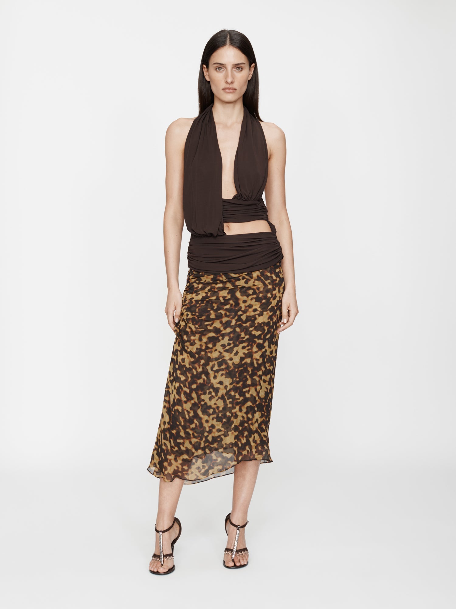 Image of a model wearing Skirts. Productname: Cord Trimmed Silk Ruche Skirt in Tortoiseshell colour by brand - CHRISTOPHER ESBER