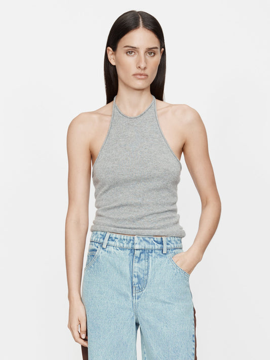 Image of a model wearing Tops. Product name - Cashmere Rae Halter Tank in Marle colour by brand - Christopher Esber