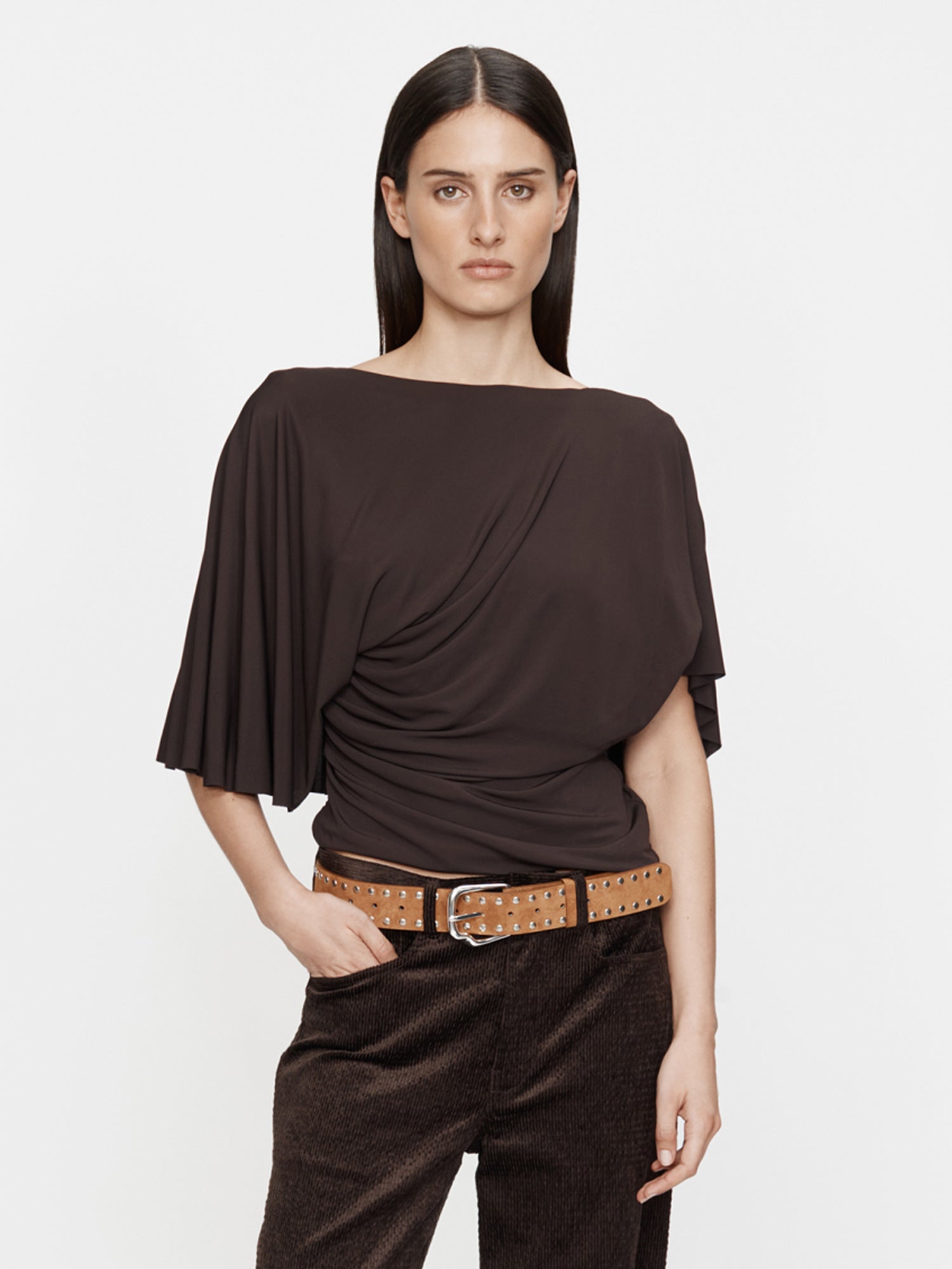 Image of a model wearing Tops. Productname: CHRISTOPHER ESBER Fluted Jersey Top in Espresso colour by brand - CHRISTOPHER ESBER