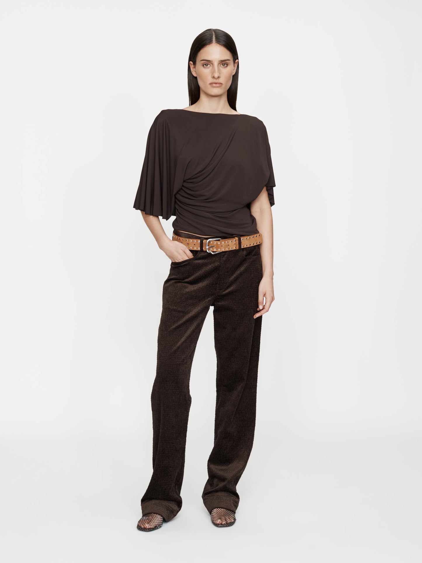 Image of a model wearing Pants. Productname: CHRISTOPHER ESBER Ava Sateen Corduroy Jean in Espresso colour by brand - CHRISTOPHER ESBER