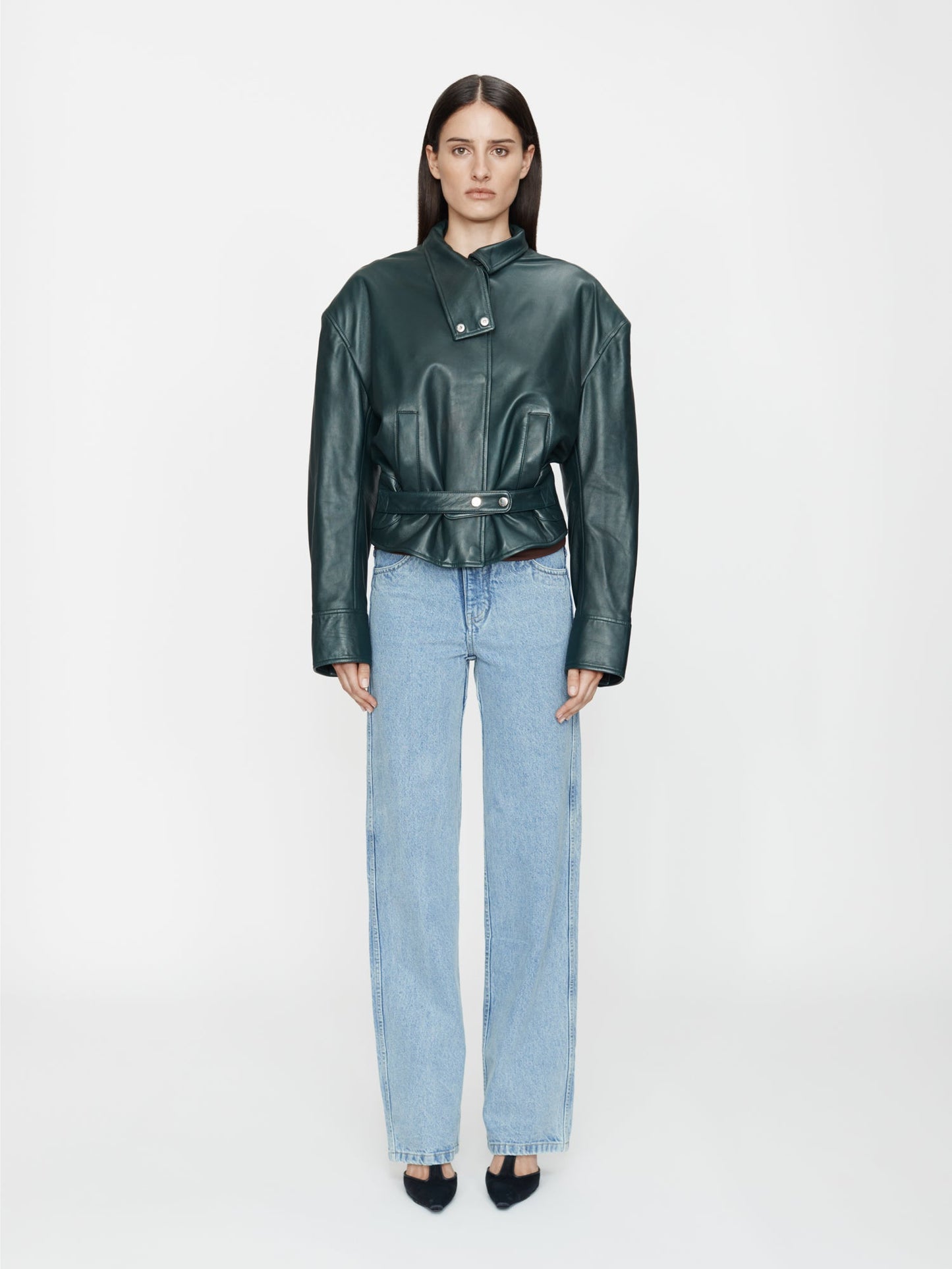 Image of a model wearing Outerwear. Productname: Christopher Esber Eddie Leather Jacket in Jacket colour by brand - Christopher Esber
