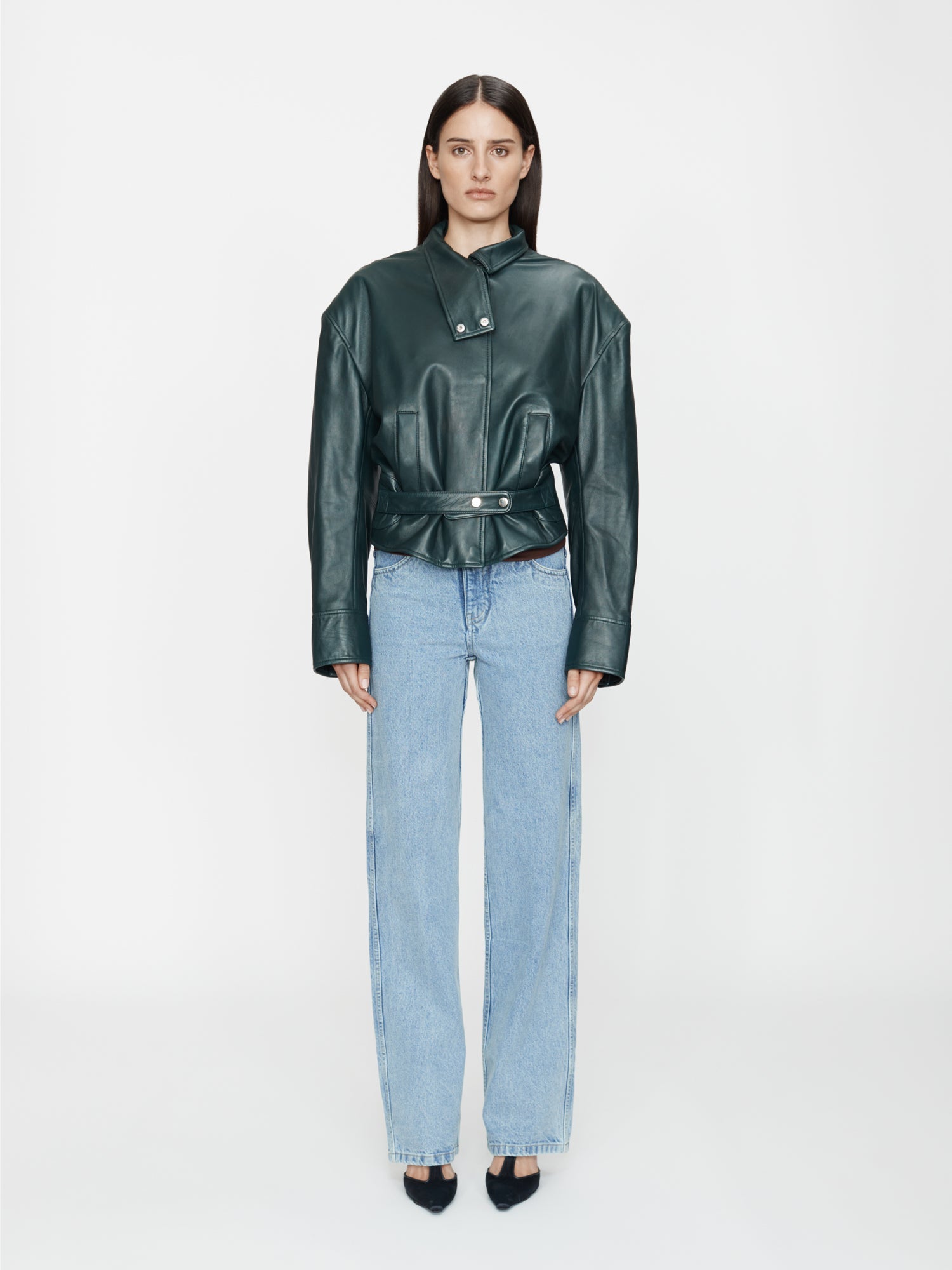 Image of a model wearing Outerwear. Productname: Christopher Esber Eddie Leather Jacket in Jacket colour by brand - Christopher Esber