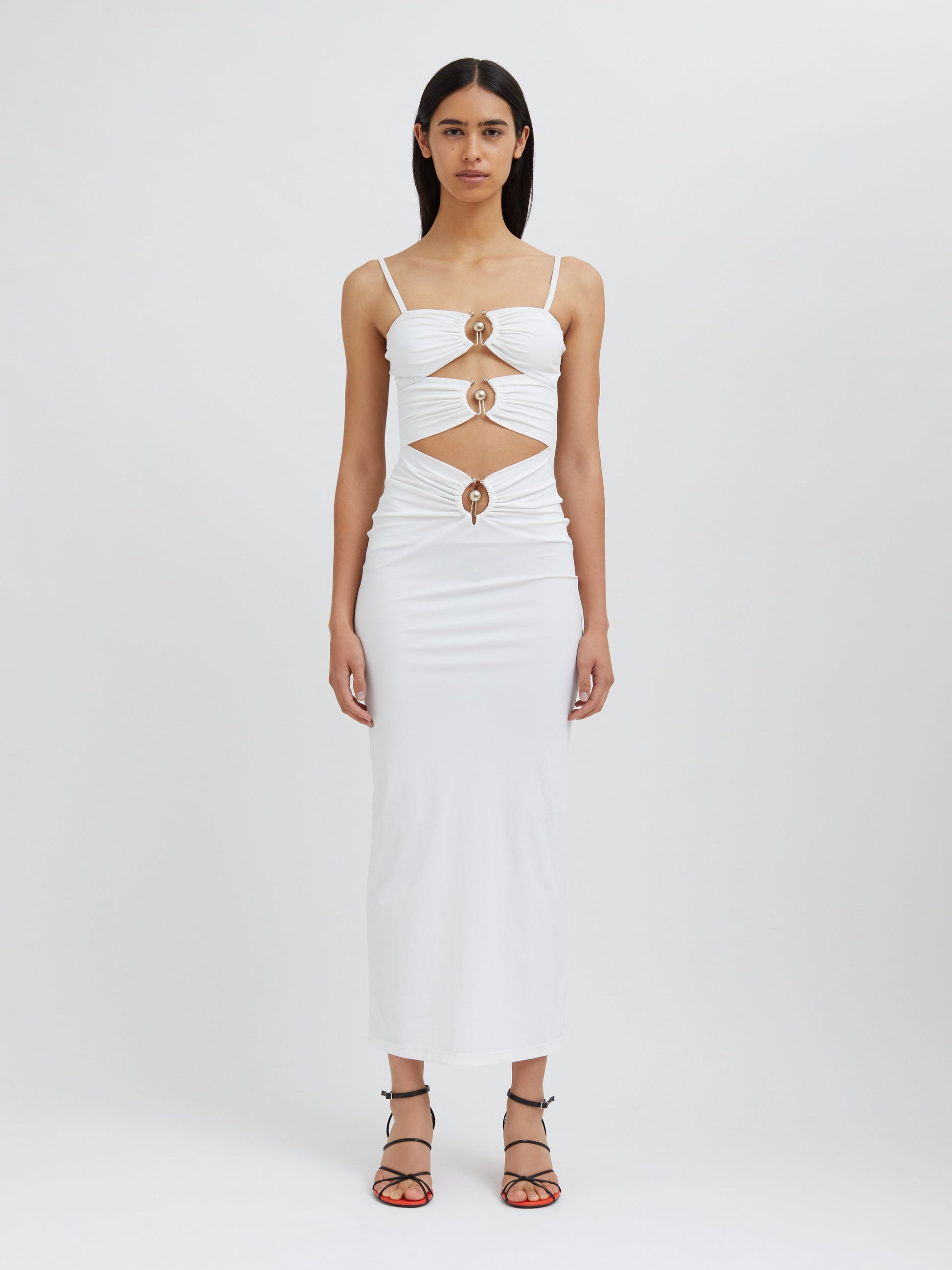 Image of Dresses. Productname: Christopher Esber Pierced Orbit Column Dress in White colour by brand - Christopher Esber