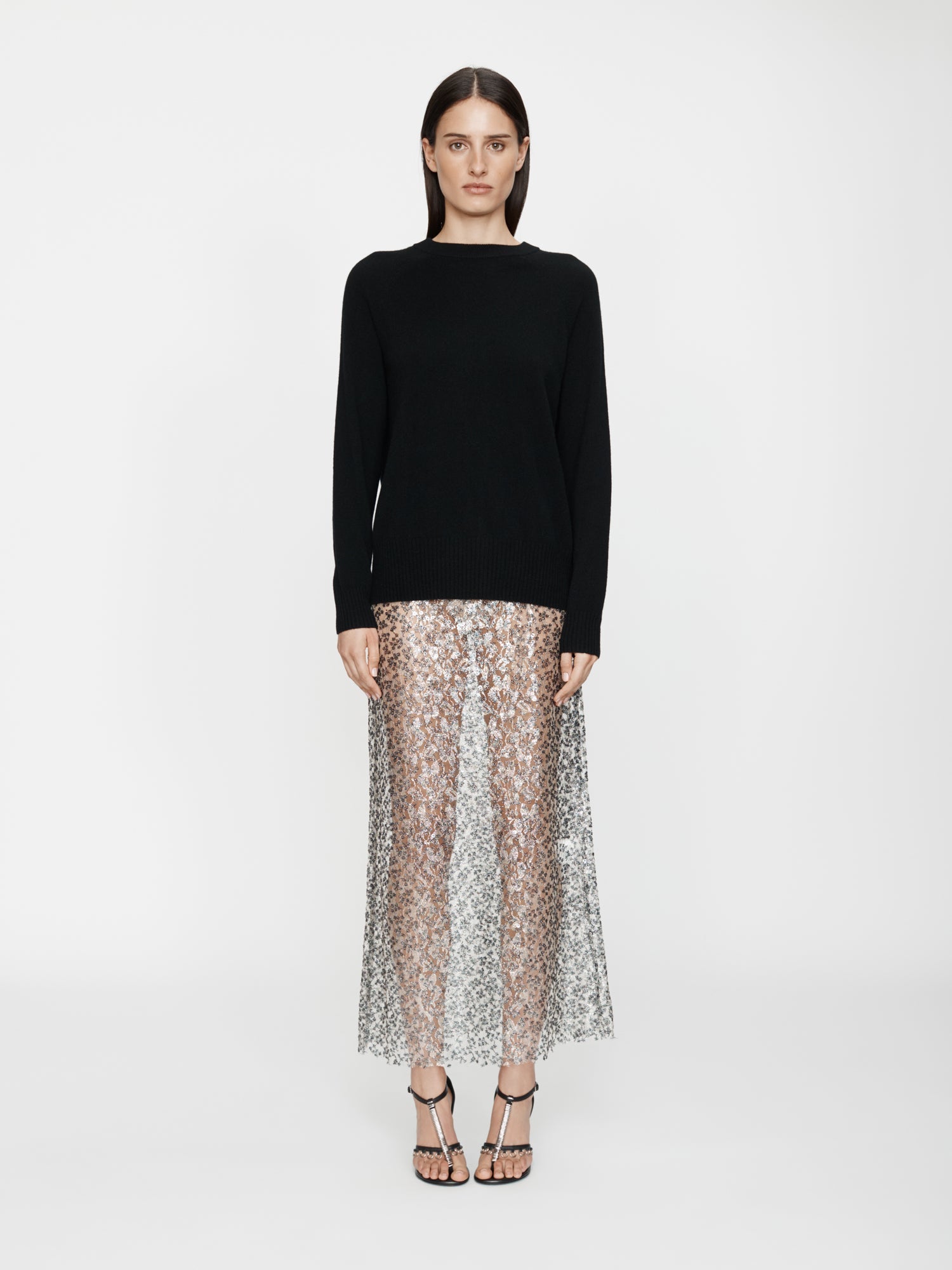 Image of a model wearing Skirts. Productname: CHRISTOPHER ESBER Sequinned Lace Column Skirt in Silver colour by brand - CHRISTOPHER ESBER