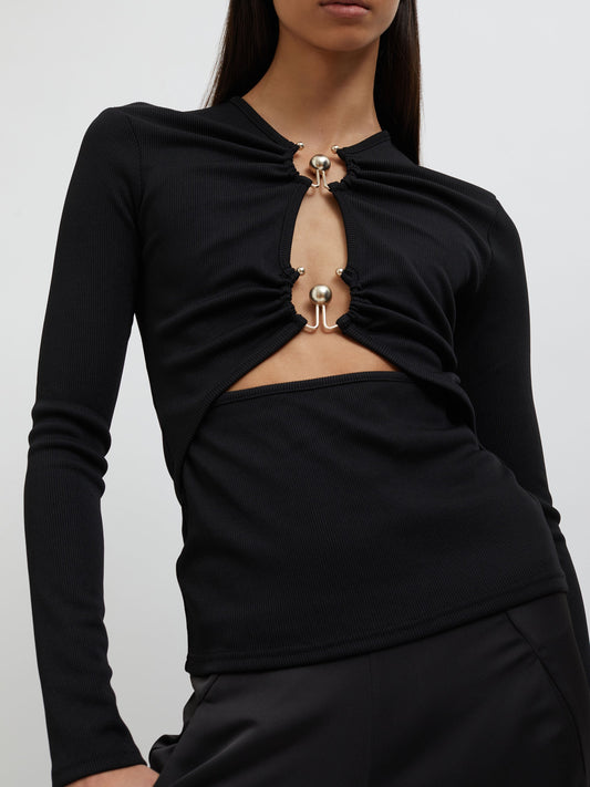 Christopher Esber Orbit Ruched Long Sleeve Top (Black)