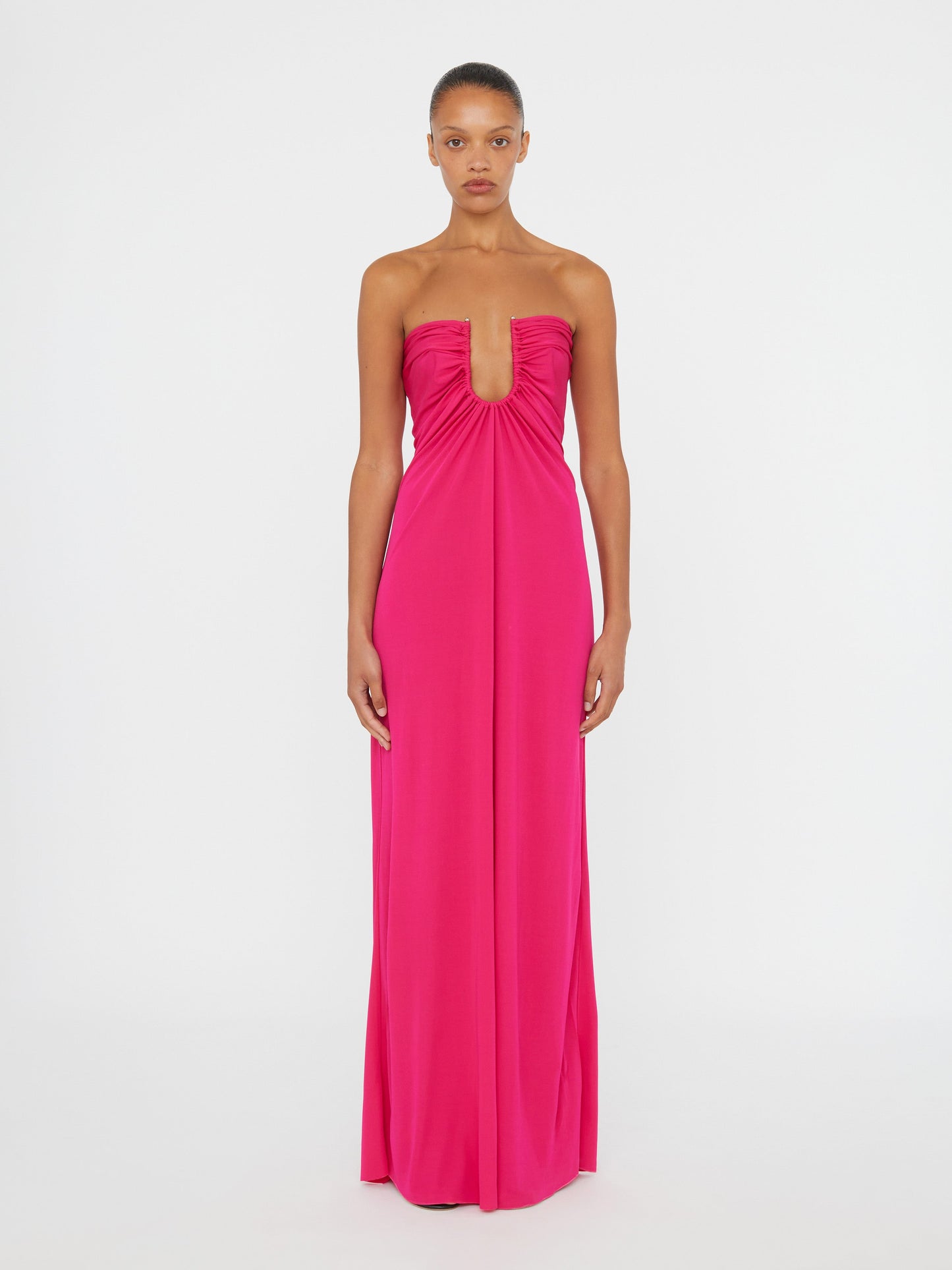 Image of Dresses. Productname: Christopher Esber Arced Palm Strapless Dress in Magenta colour by brand - Christopher Esber