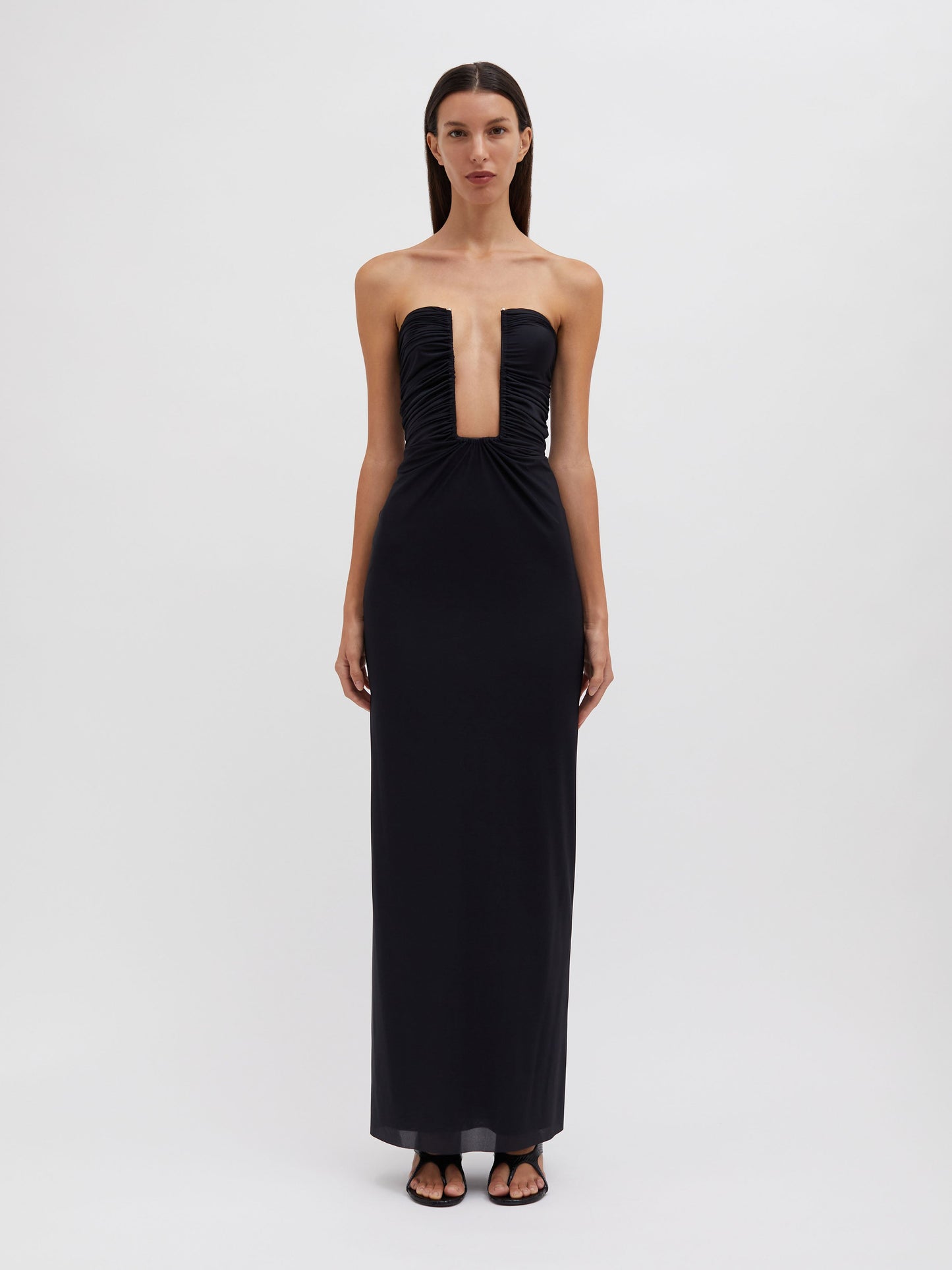 Image of Dresses. Product name - Plunge Strapless Column Dress in Black colour by brand - Embargo