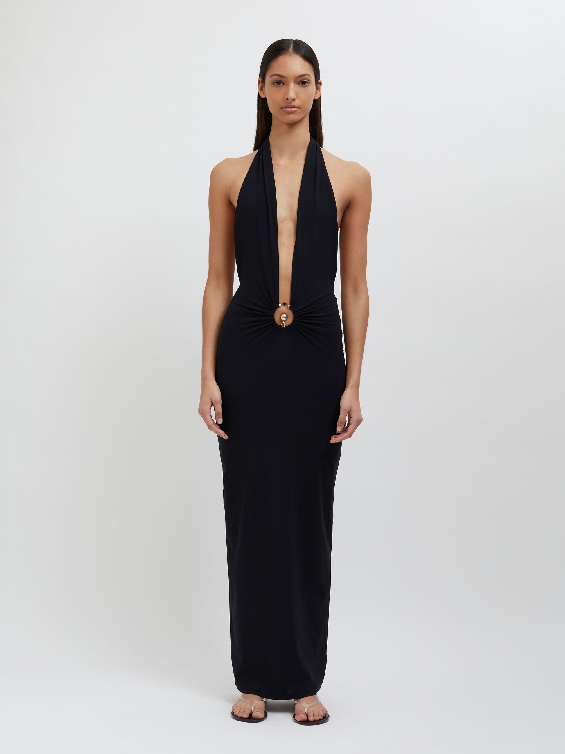 Image of Dresses. Product name - Pierced Orbit Halter Split Front Dress in Black colour by brand - Embargo