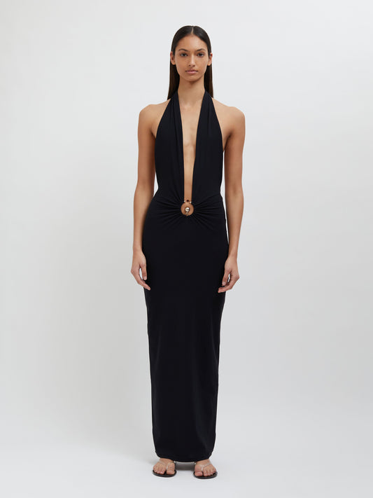Image of Dresses. Product name - Pierced Orbit Halter Split Front Dress in Black colour by brand - Embargo