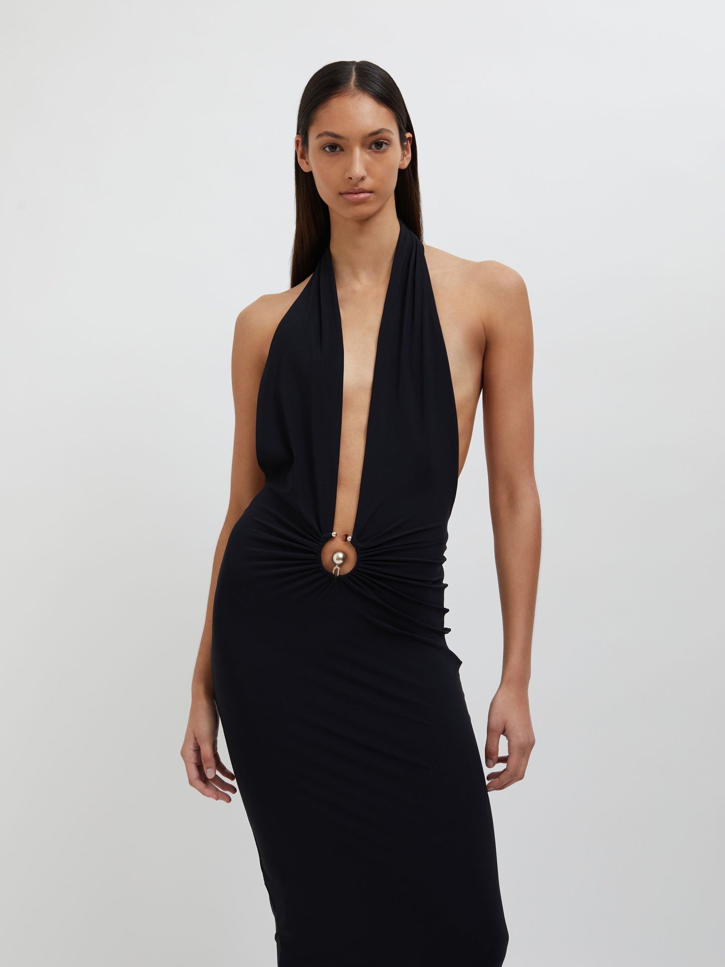 Embargo Pierced Orbit Halter Split Front Dress (Black)