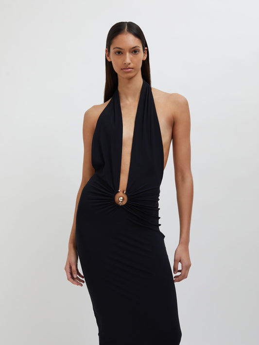 Embargo Pierced Orbit Halter Split Front Dress (Black)