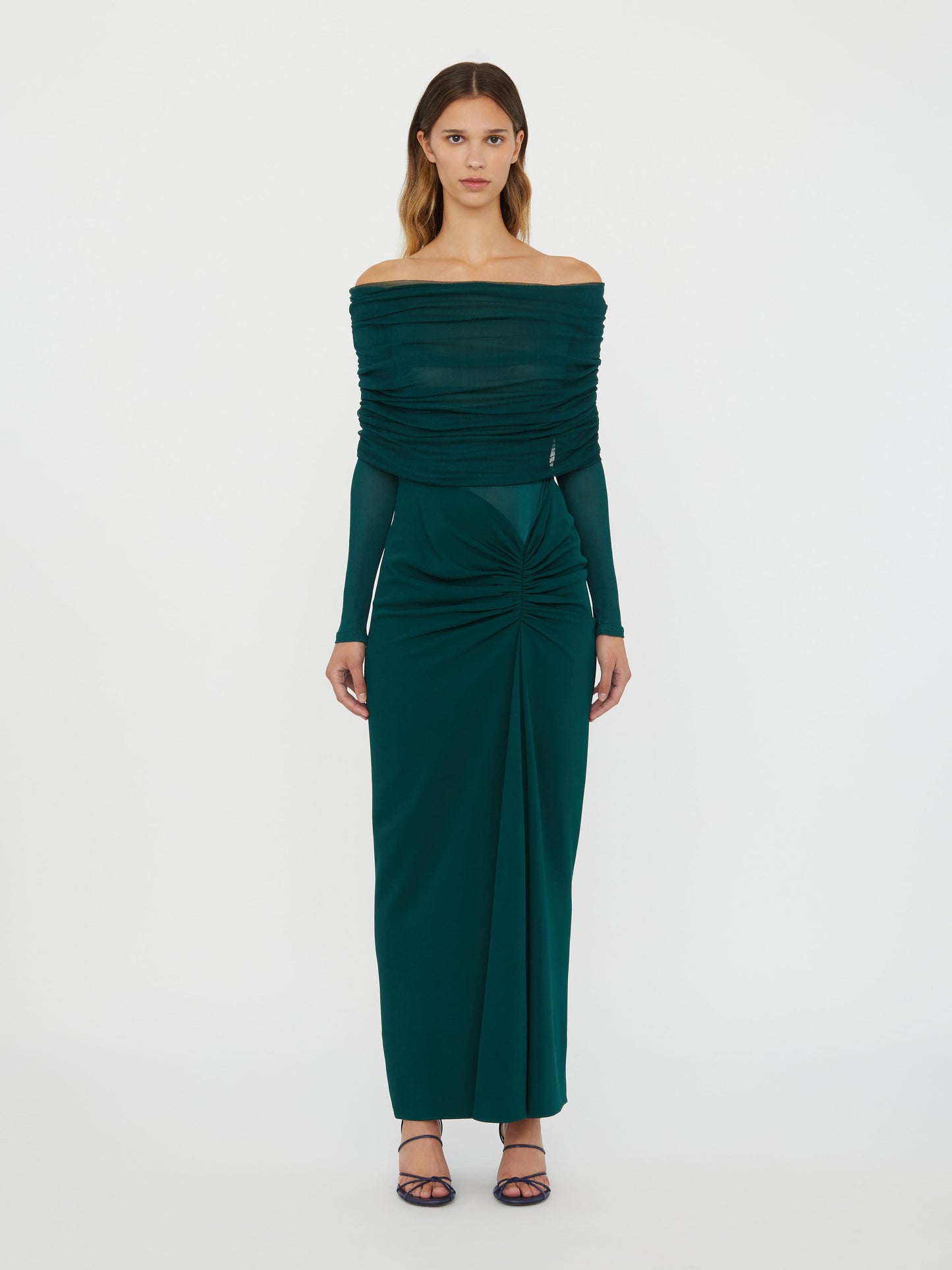 Image of Dresses. Productname: Christopher Esber Sonora Veiled Long Sleeve Ruched Dress in Evergreen colour by brand - Christopher Esber
