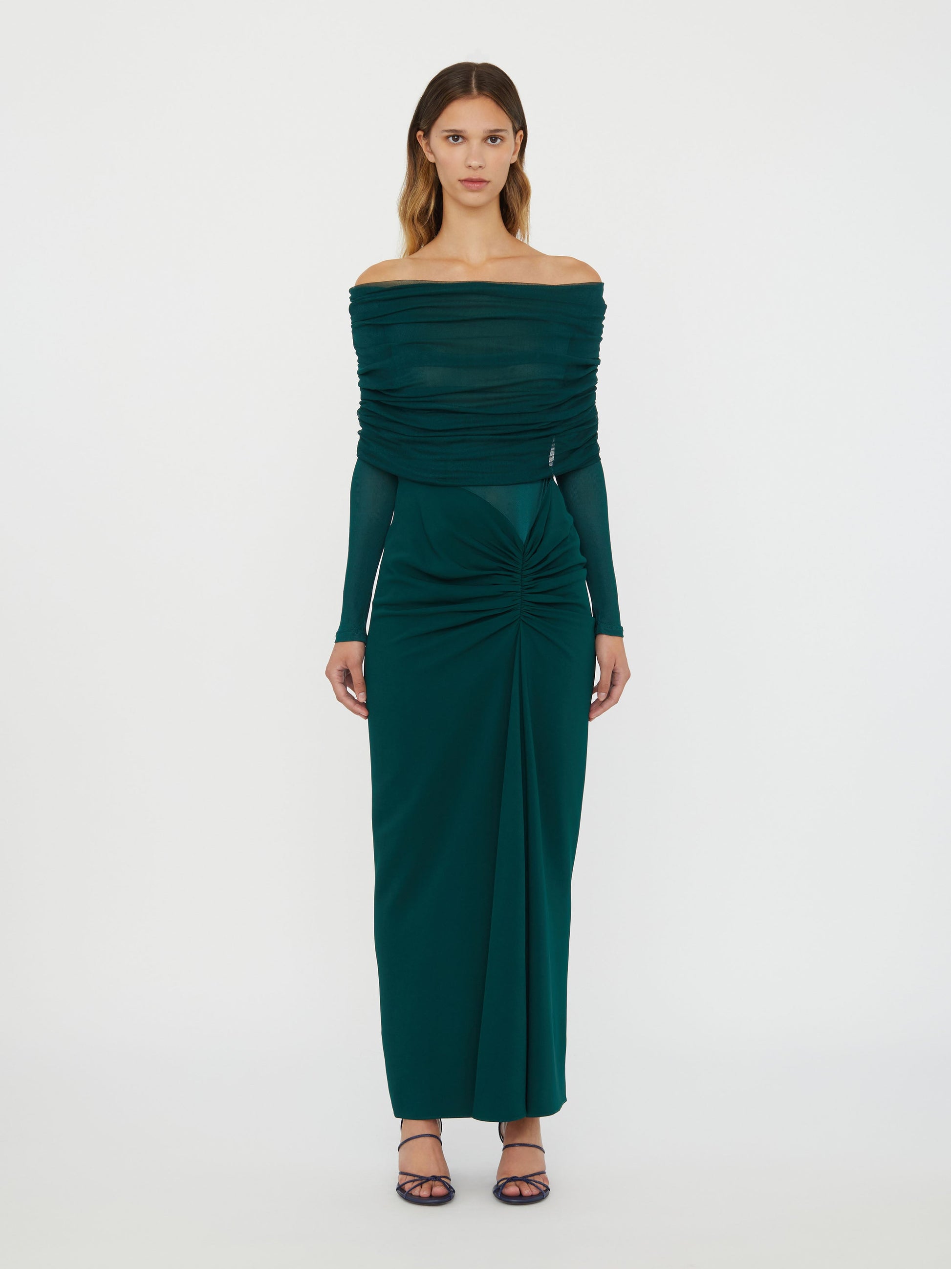 Image of Dresses. Productname: Christopher Esber Sonora Veiled Long Sleeve Ruched Dress in Evergreen colour by brand - Christopher Esber