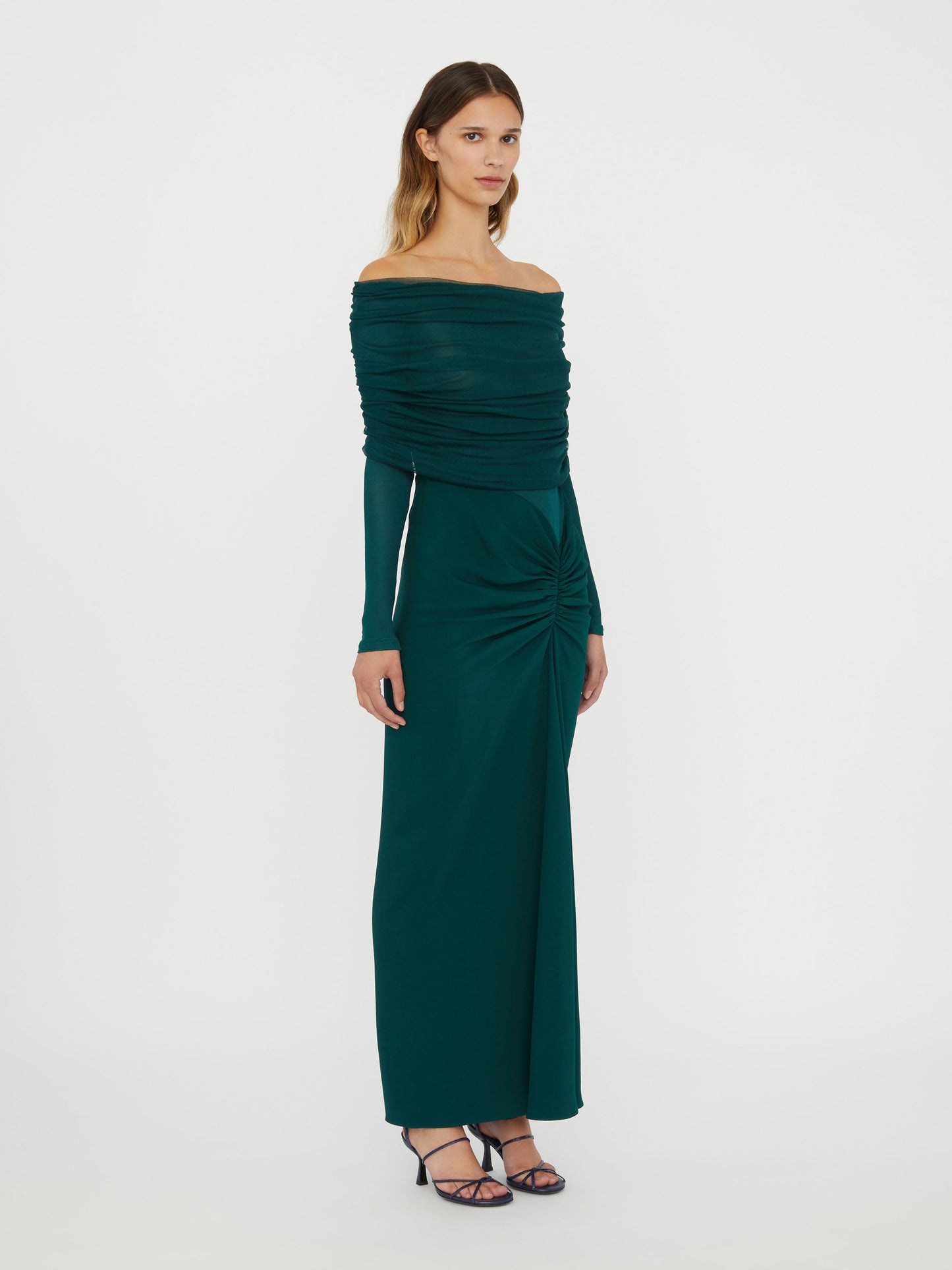Christopher Esber Sonora Veiled Long Sleeve Ruched Dress (Evergreen)