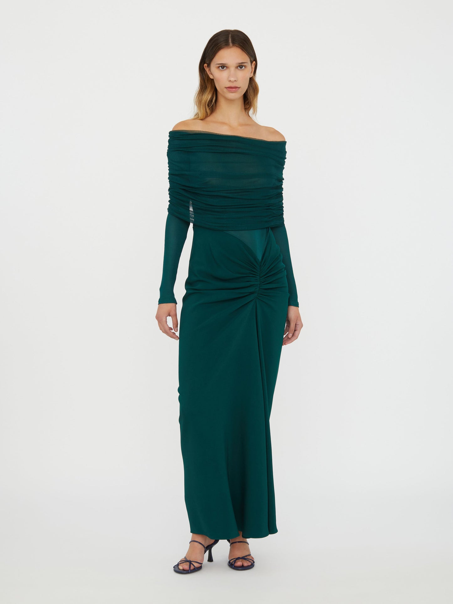 Christopher Esber Sonora Veiled Long Sleeve Ruched Dress (Evergreen)