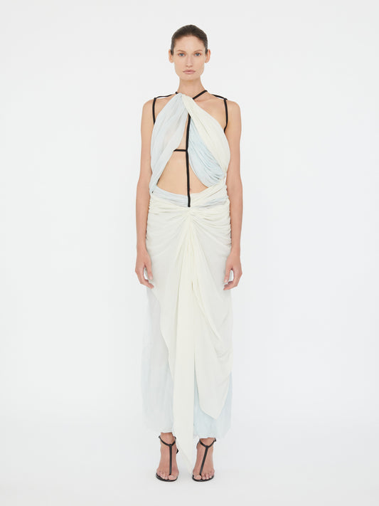 Image of Dresses. Product name - Latticed Lace Drape Torrent Dress in Blue colour by brand - Christopher Esber
