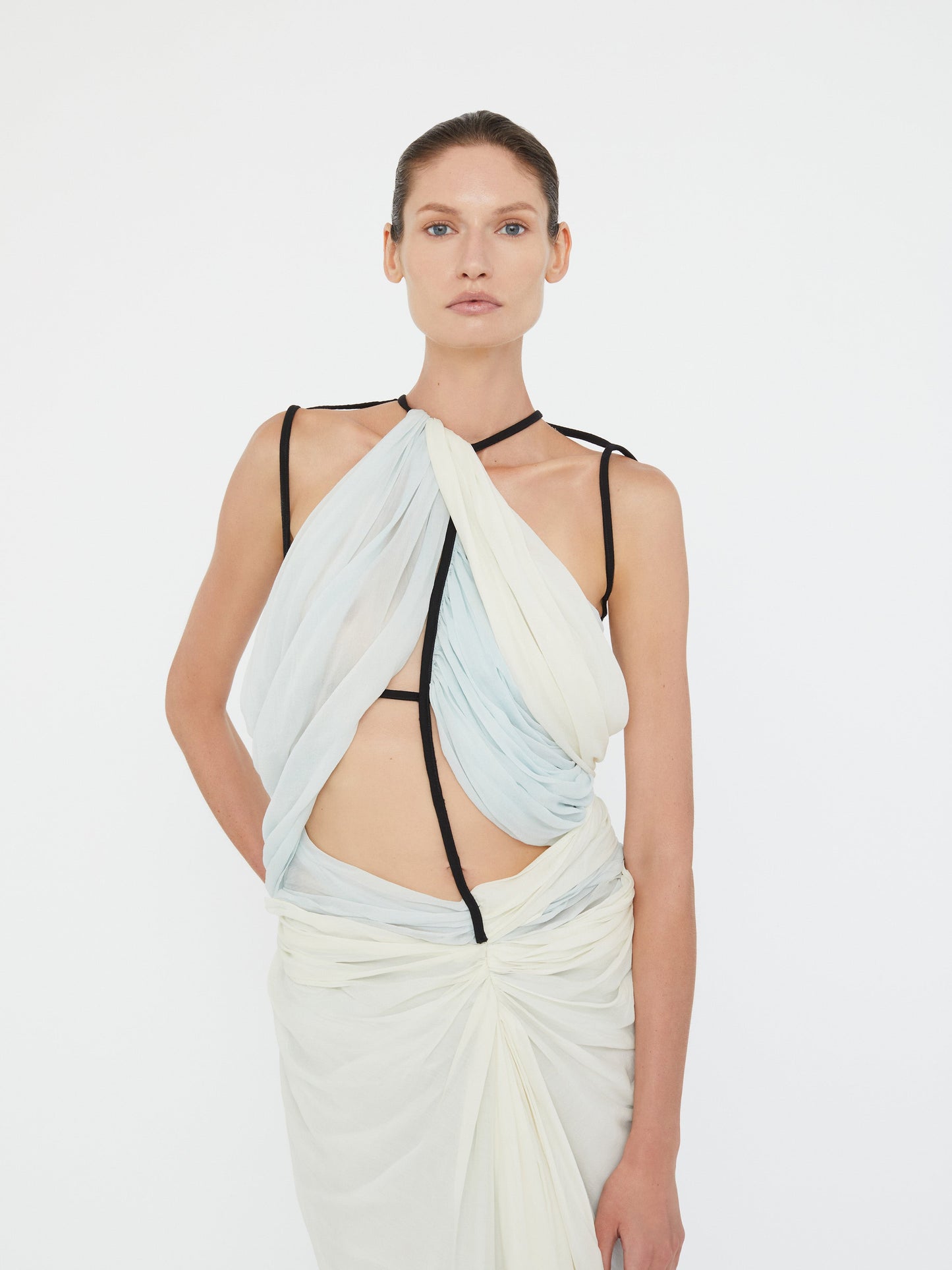 Christopher Esber Latticed Lace Drape Torrent Dress (Blue)