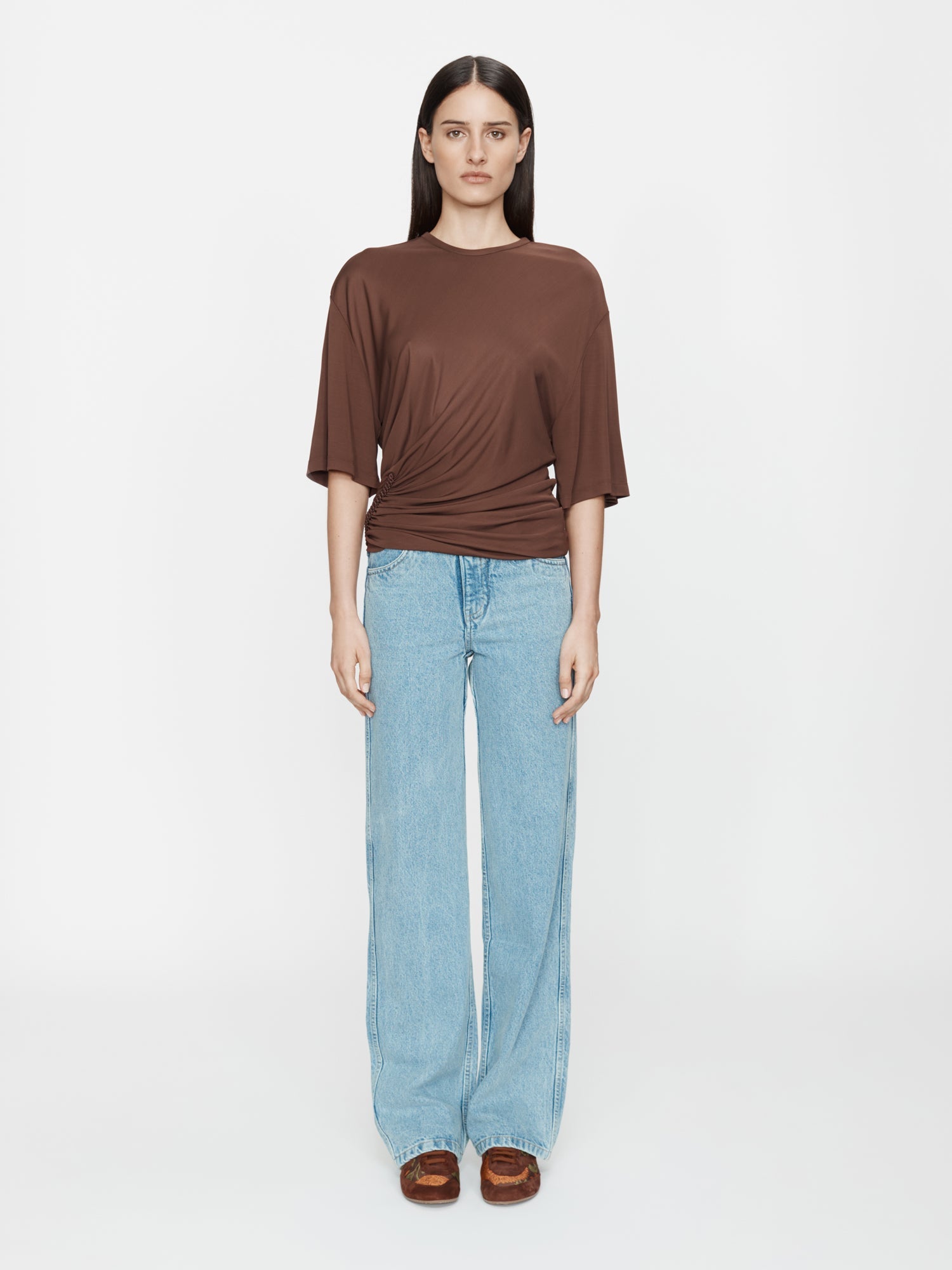 Image of a model wearing Tops. Productname: CHRISTOPHER ESBER Shibari Jersey Ruche Tee in Java colour by brand - CHRISTOPHER ESBER