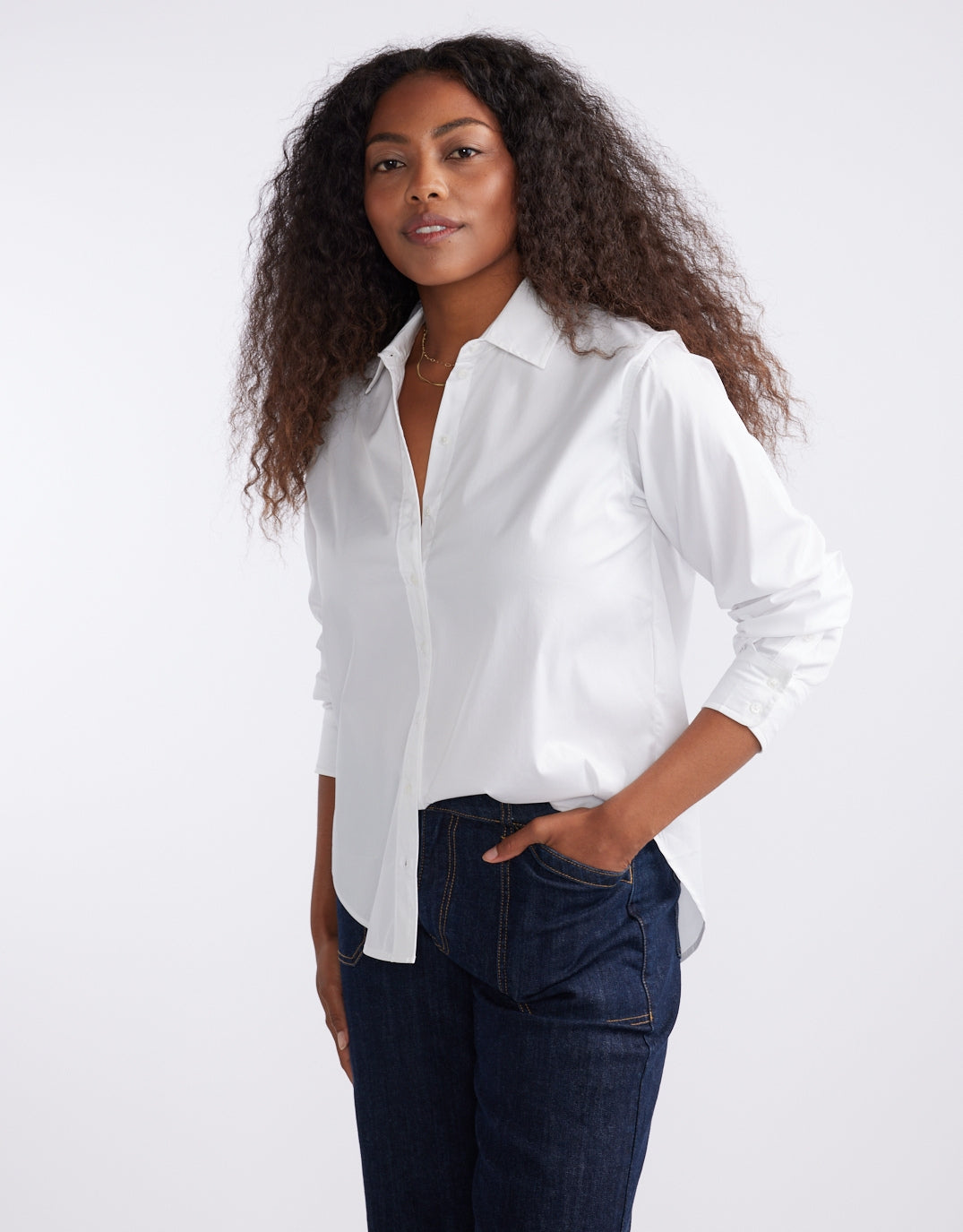 Image of a model wearing Tops. Productname: Classic Shirt - in White colour by brand - White & Co.