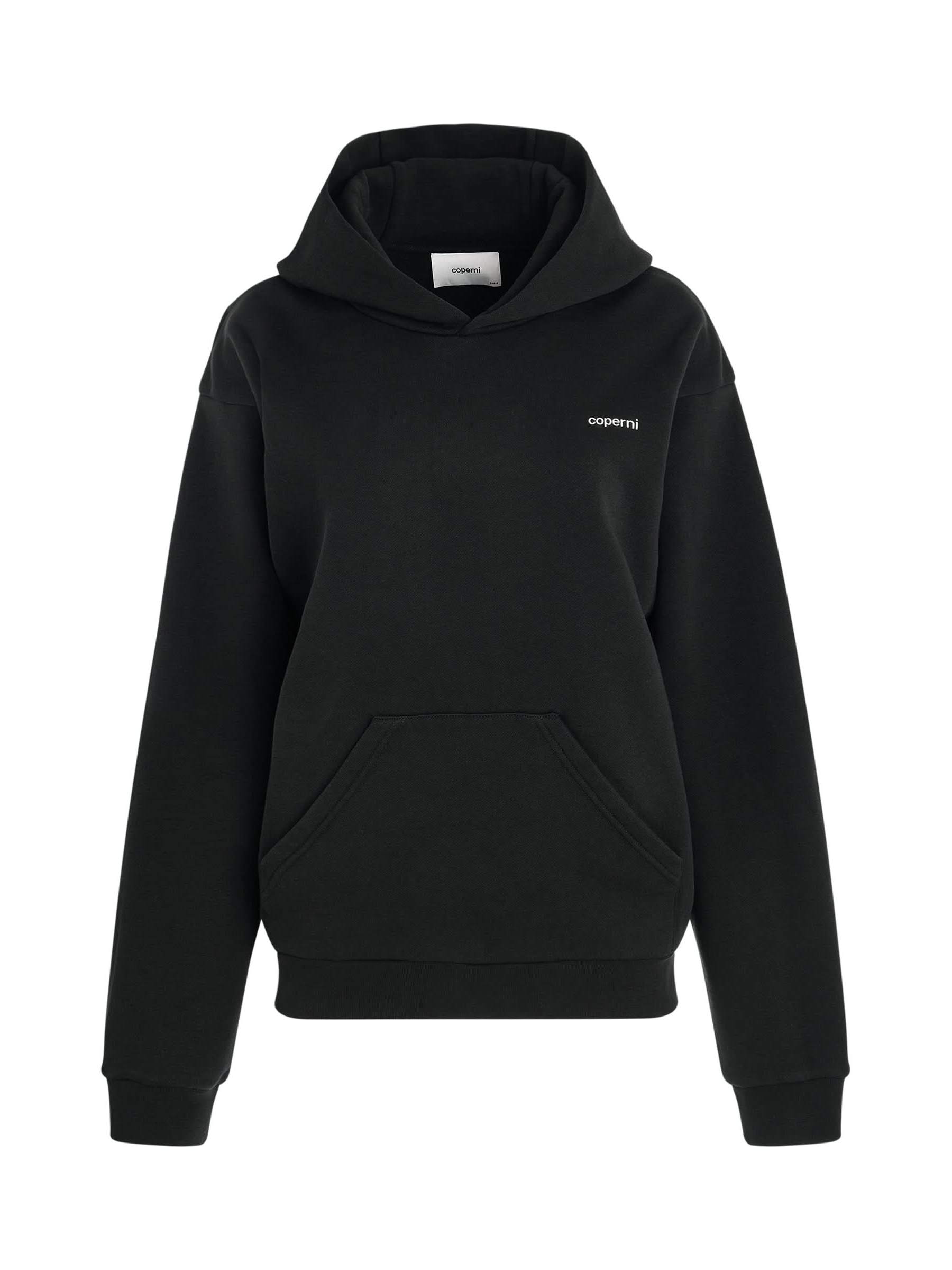 Image of a model wearing Outerwear. Productname: COPERNI Horn Hoodie in BLACK colour by brand - COPERNI
